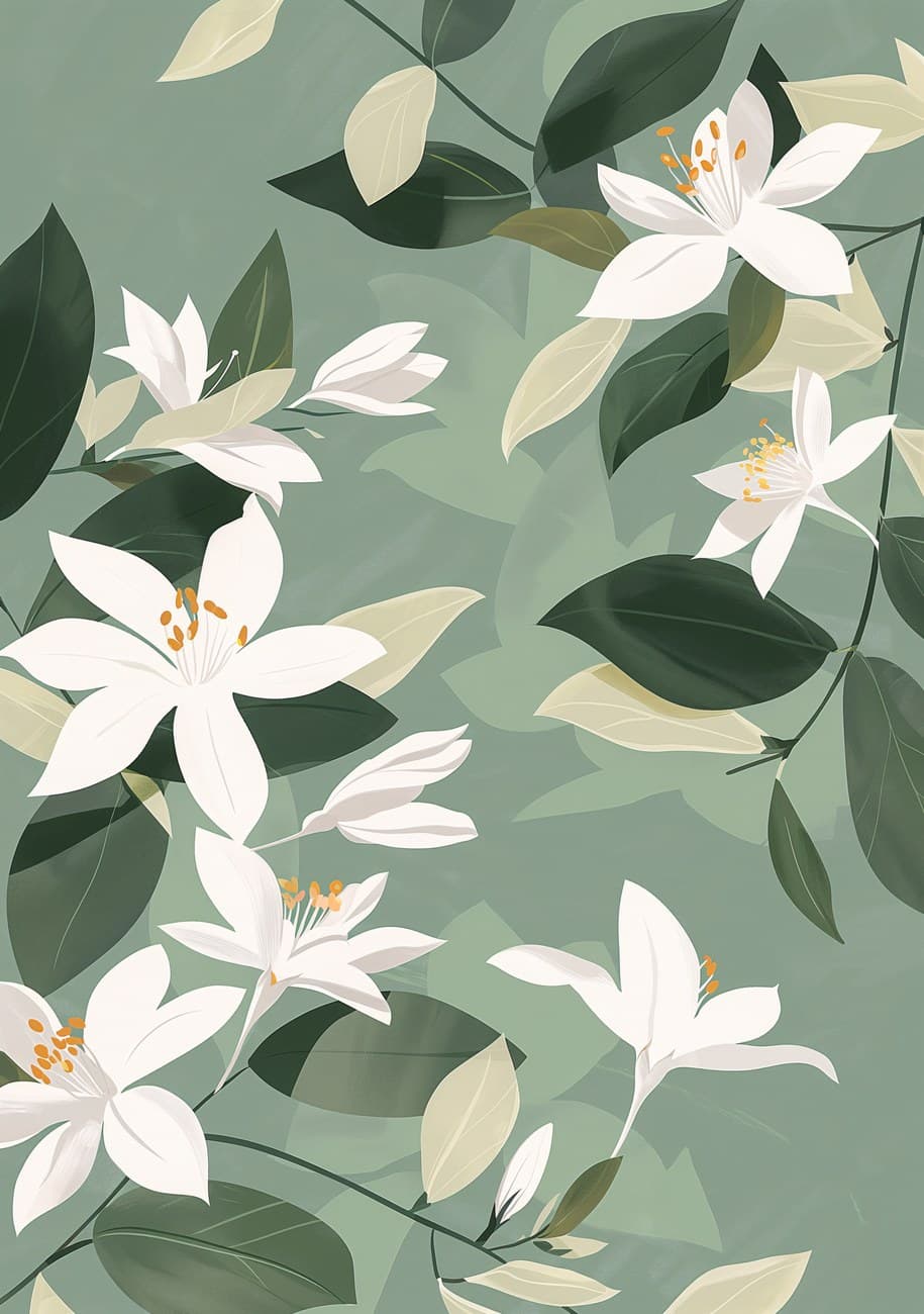White Jasmine Flowers Sage Green Pattern