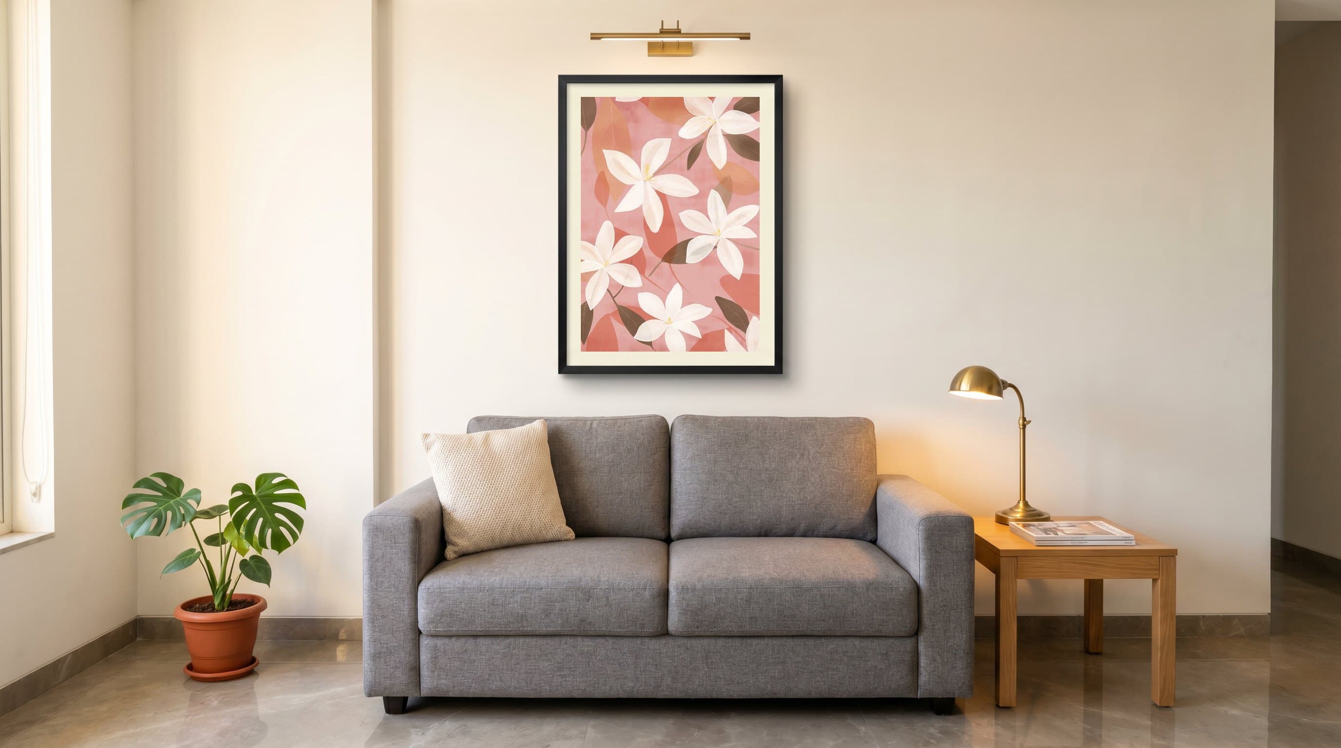 White Magnolia Blossoms Pink Terracotta — in situ