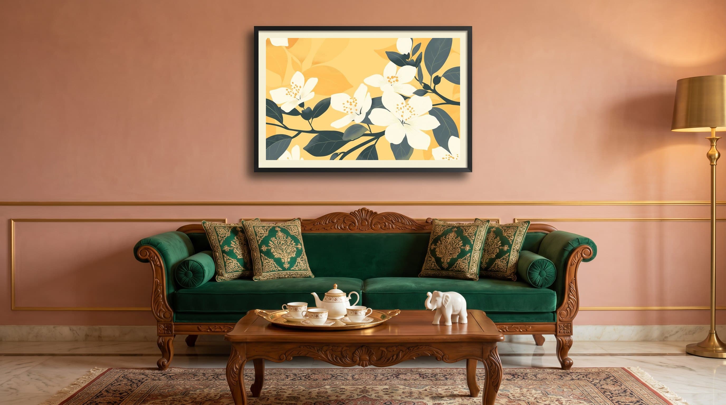 White Jasmine Blossoms Golden Yellow Background — in situ