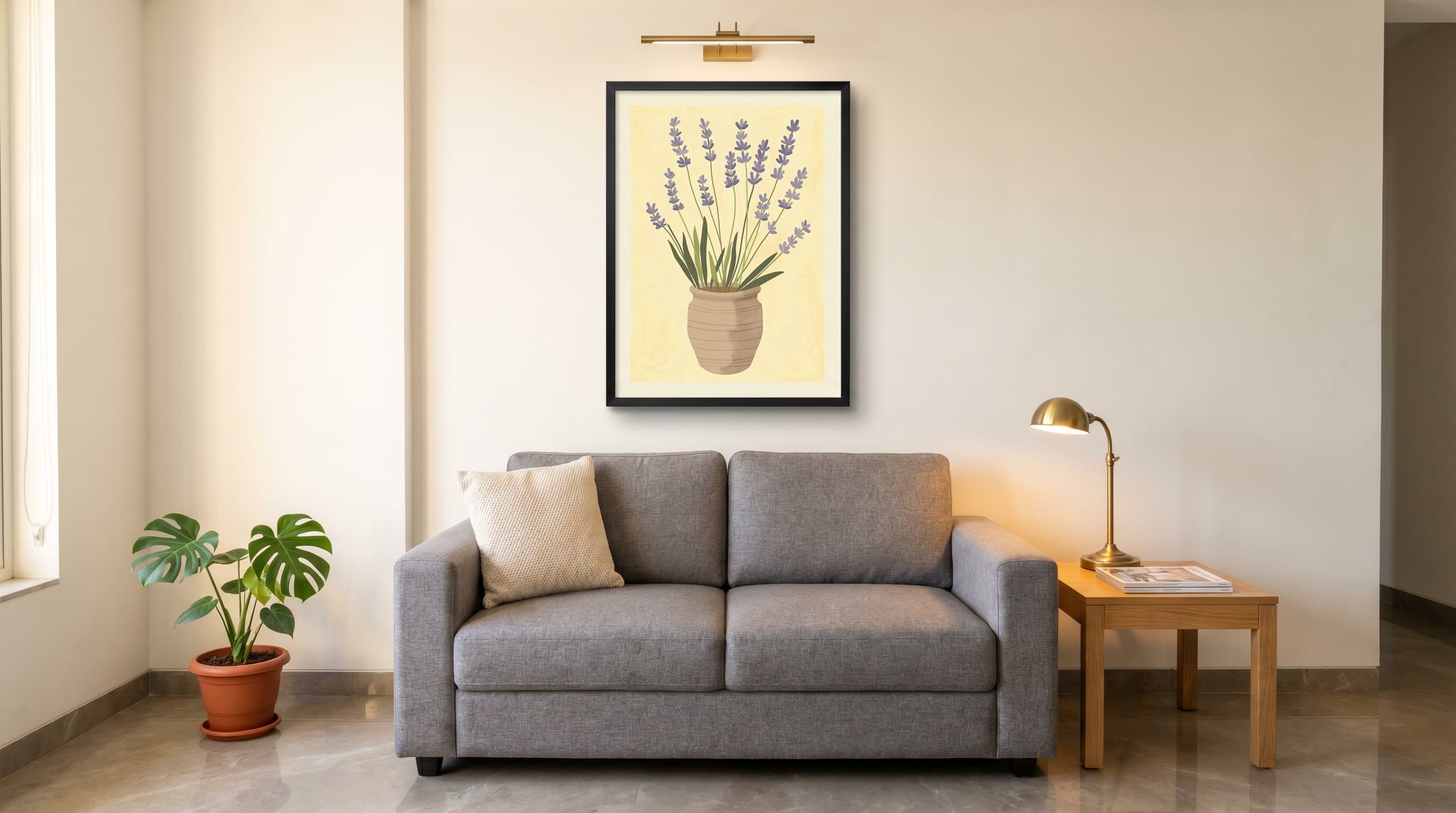 Lavender Sprigs Terracotta Pot Illustration — in situ