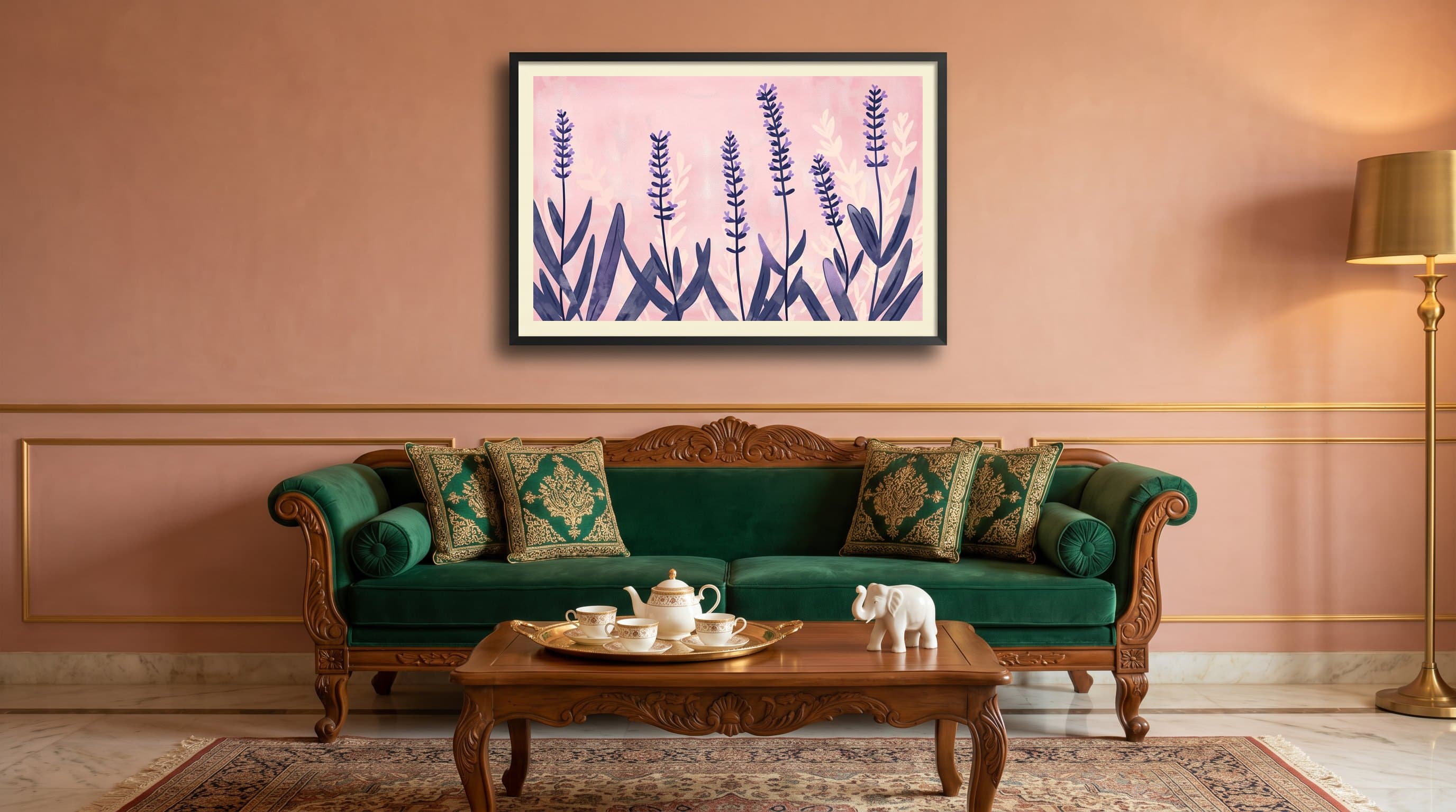 Lavender Stems Pink Watercolour Background — in situ
