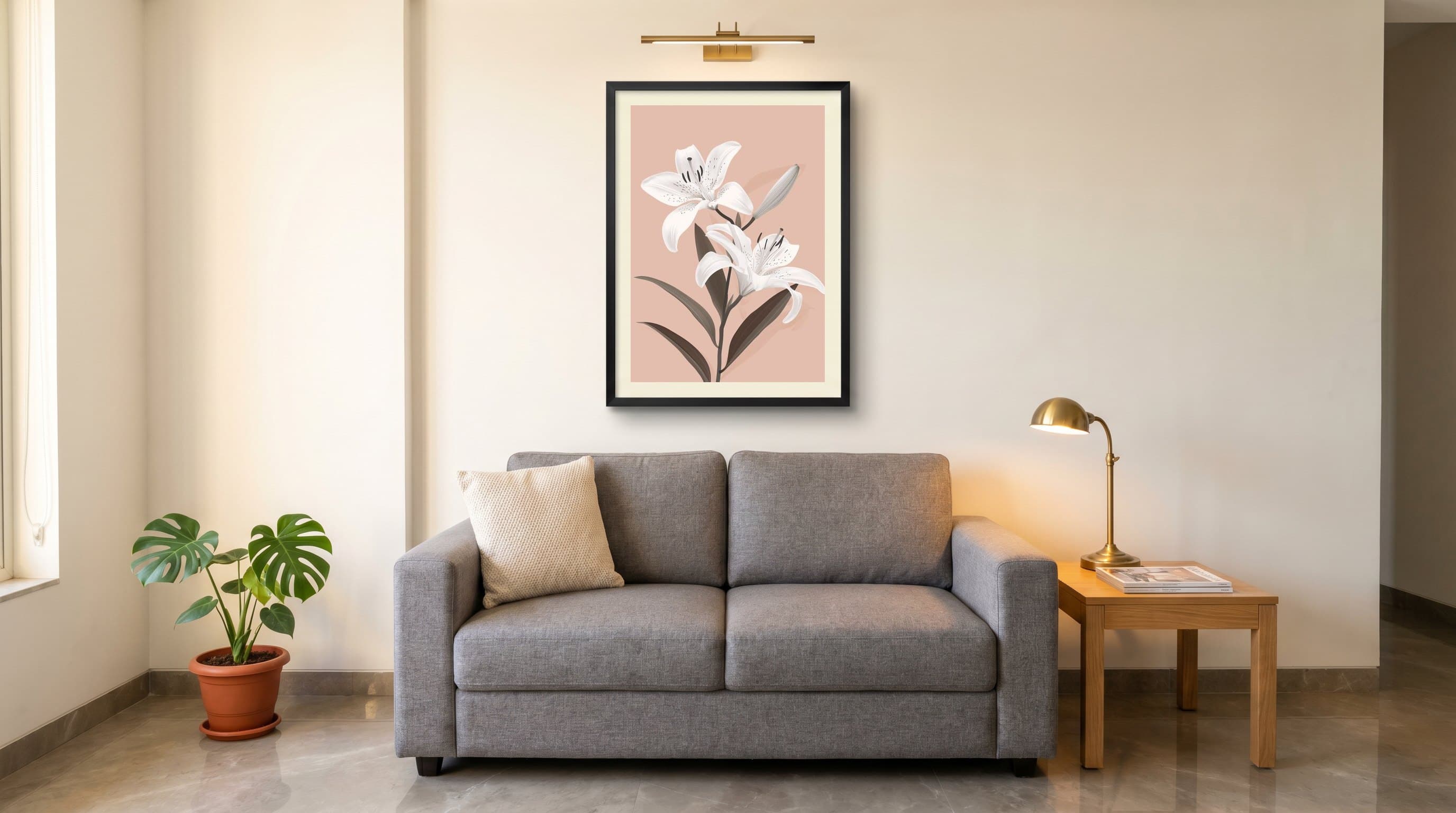 White Tiger Lily Bouquet Blush Background — in situ