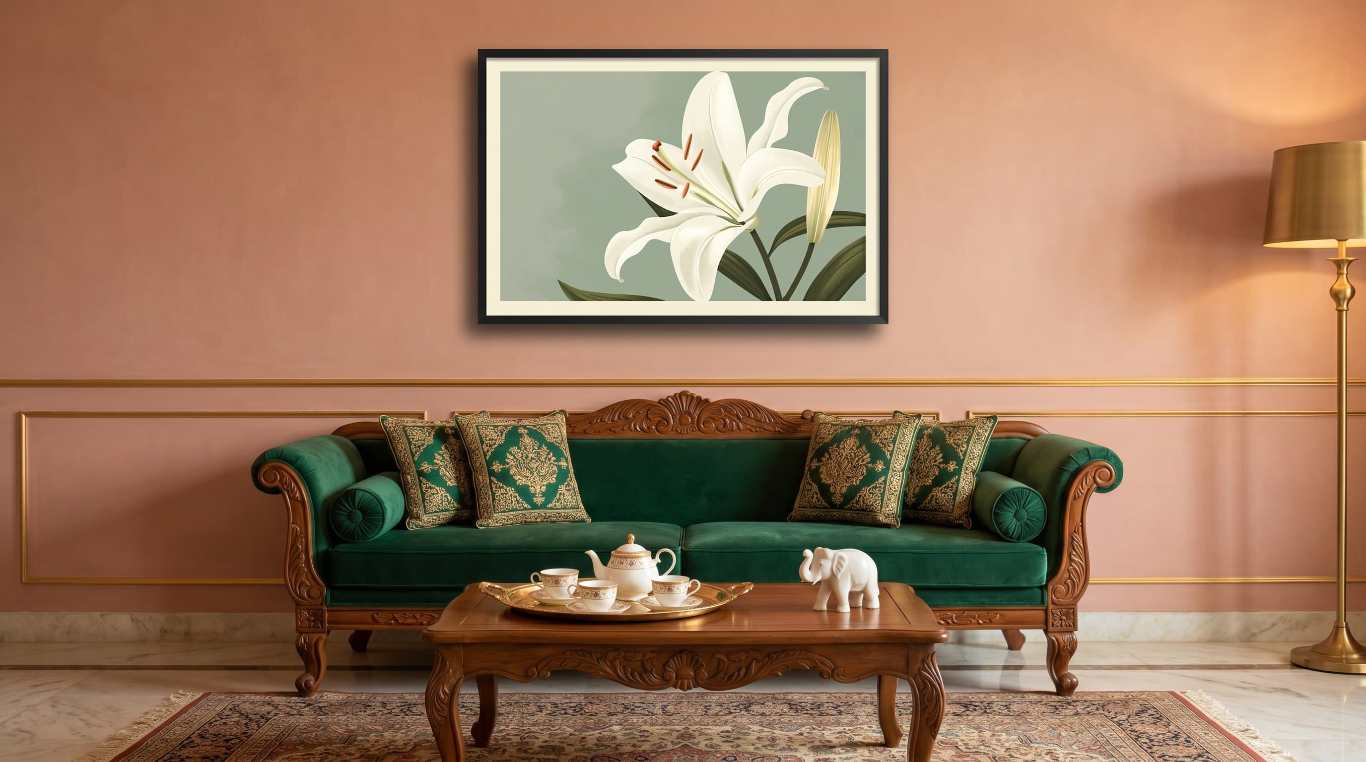 White Lily Bloom Sage Green Background — in situ