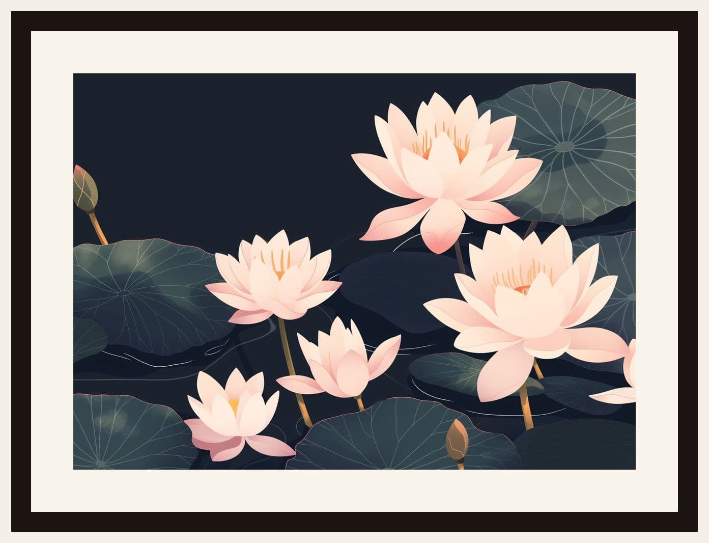 Pink Lotus Flowers Dark Pond