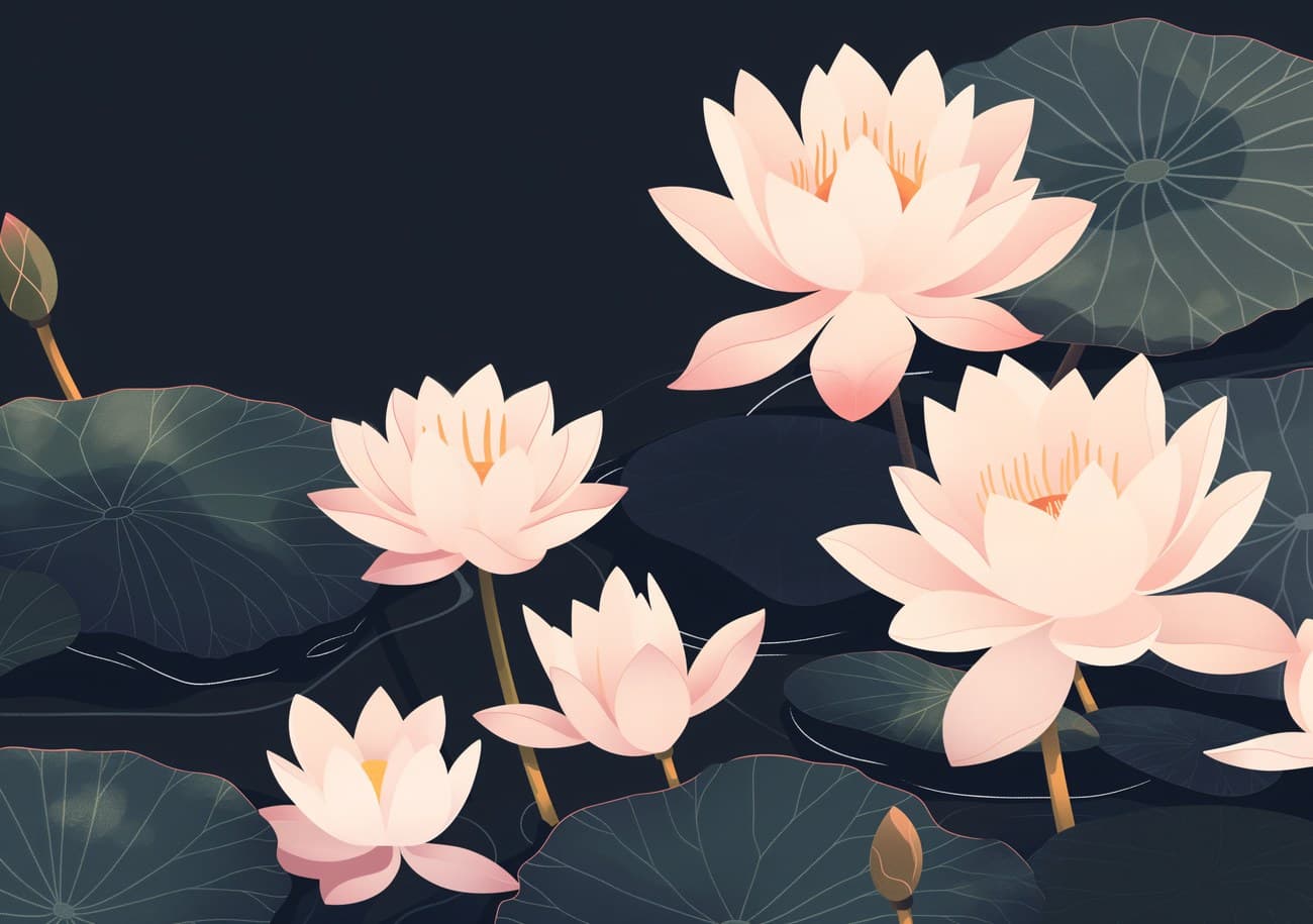 Pink Lotus Flowers Dark Pond