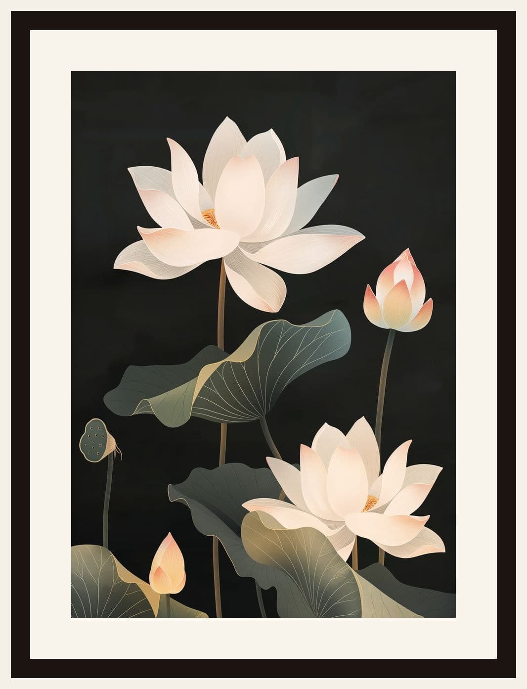 White Lotus Flowers Dark Black Background