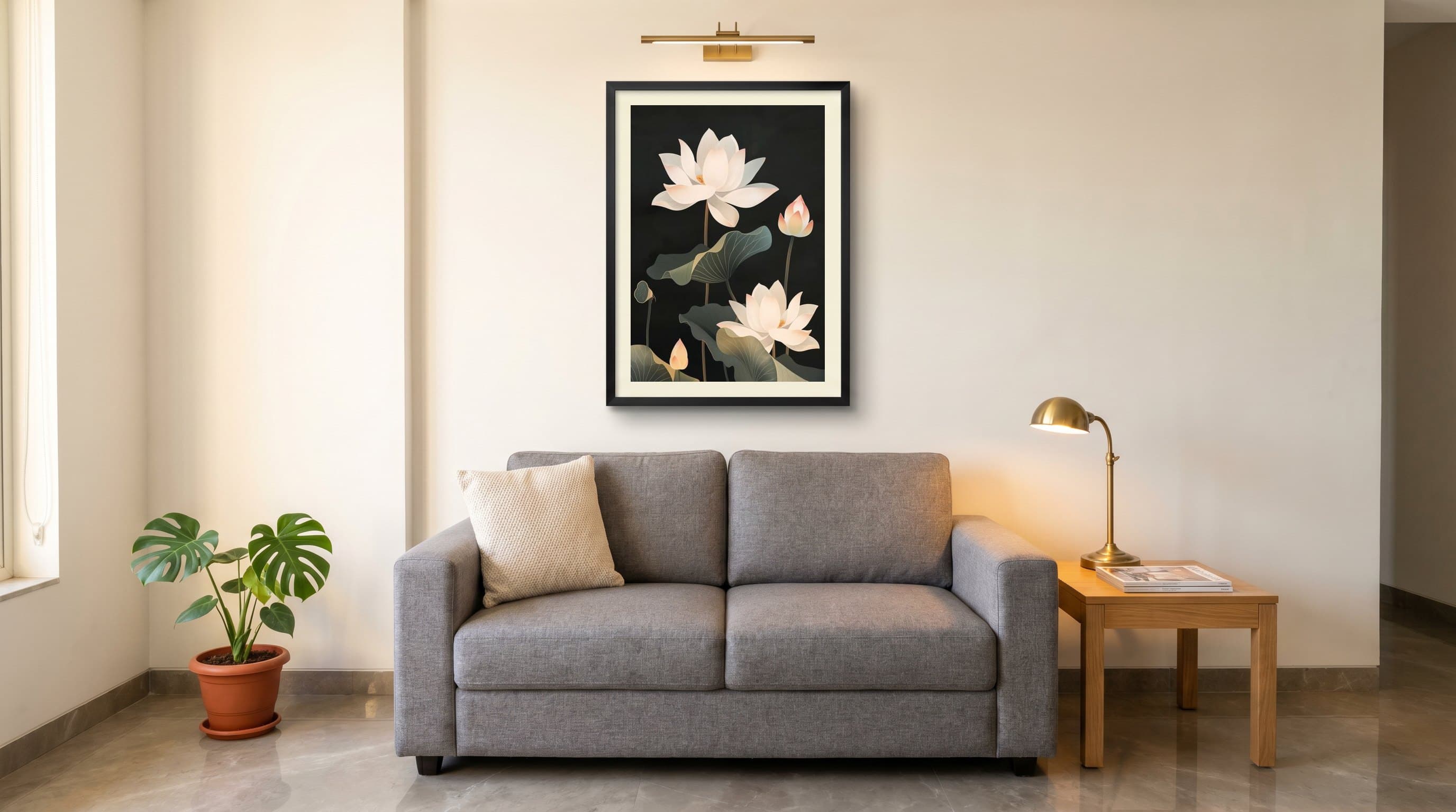 White Lotus Flowers Dark Black Background — in situ