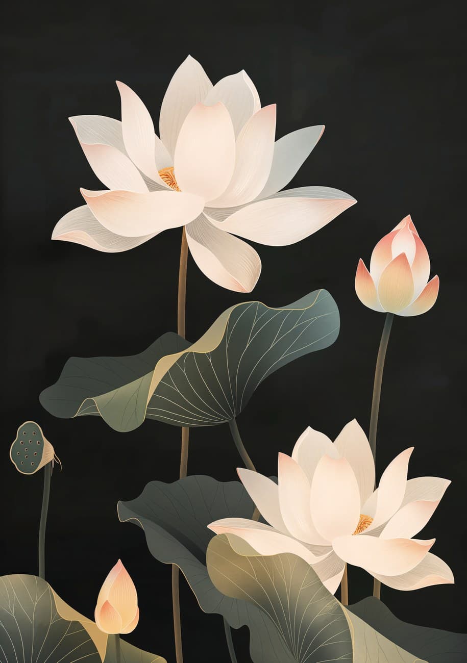 White Lotus Flowers Dark Black Background