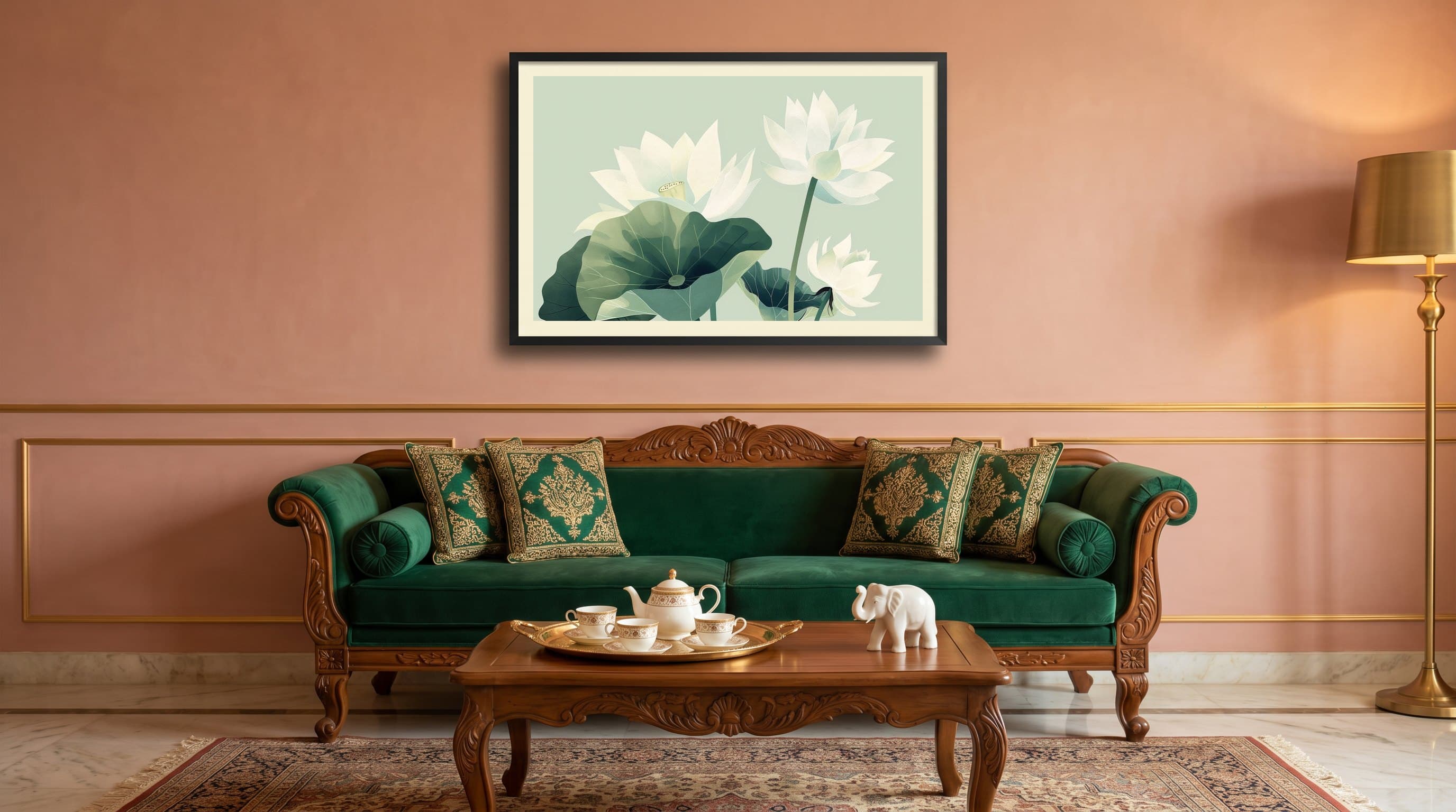 White Lotus Flowers Sage Green Ground — in situ