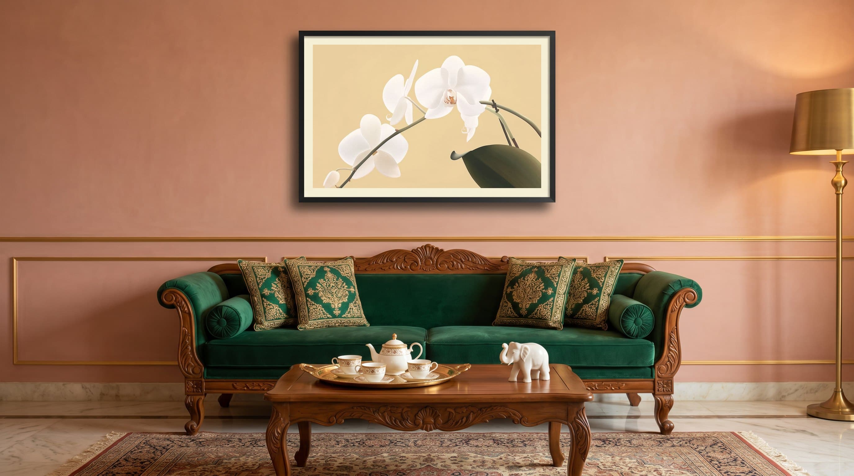 White Phalaenopsis Orchid Beige Background — in situ