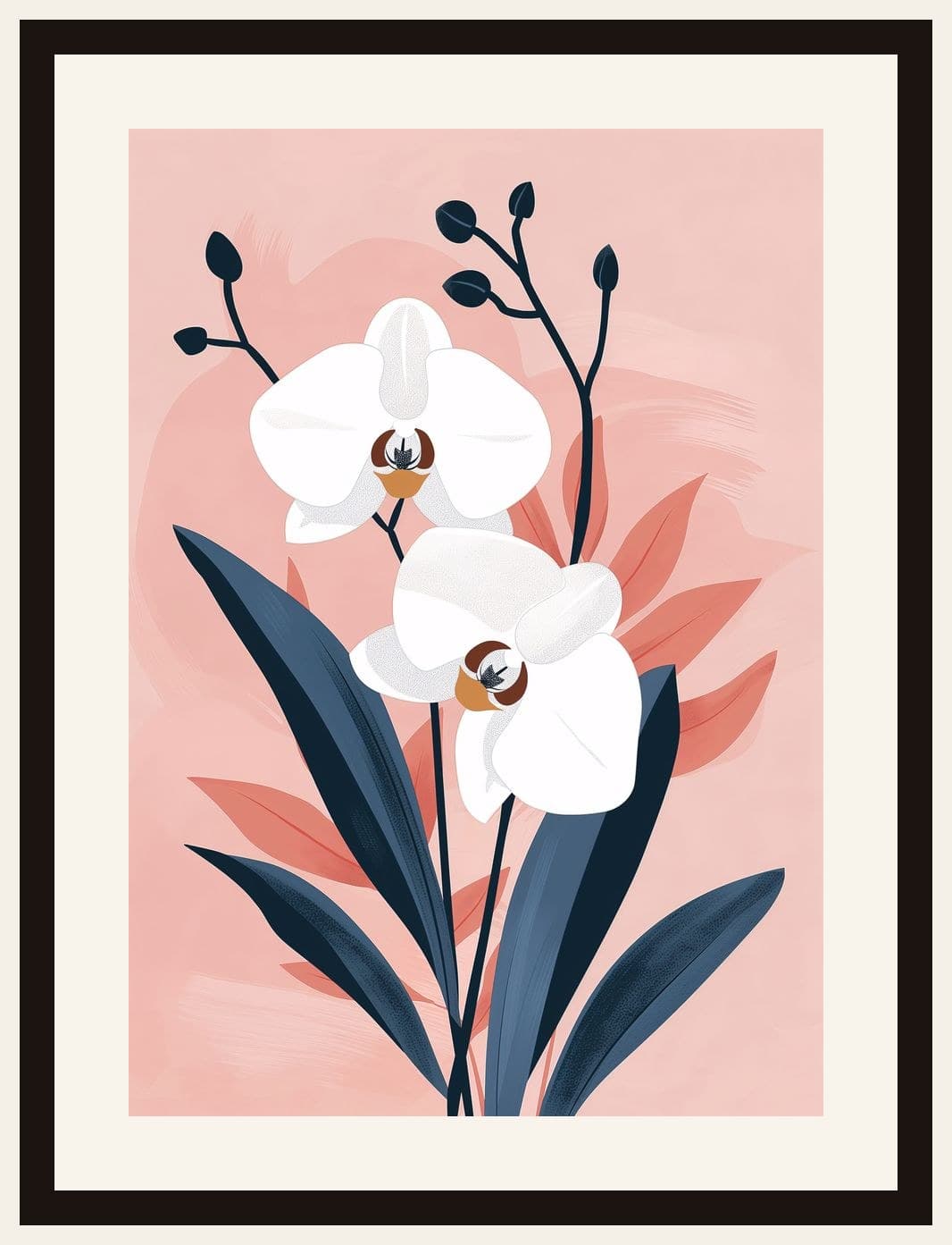 White Orchids Pink Botanical Illustration