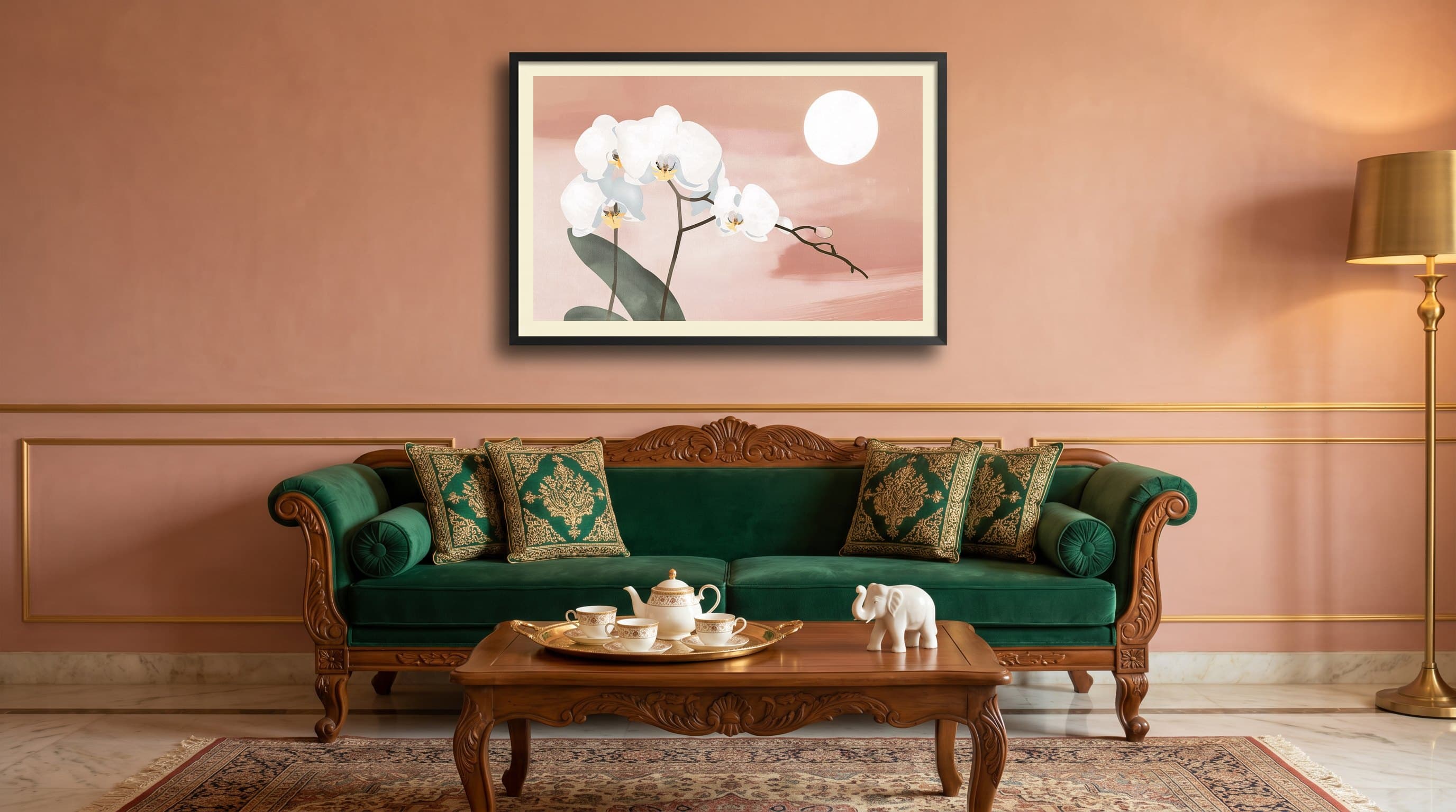 White Orchid Branch Pink Sunset Minimal — in situ