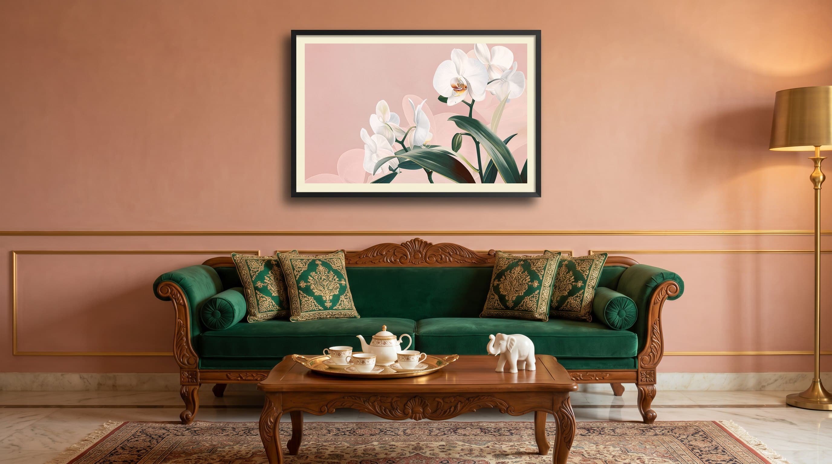 White Orchids Blush Pink Background — in situ