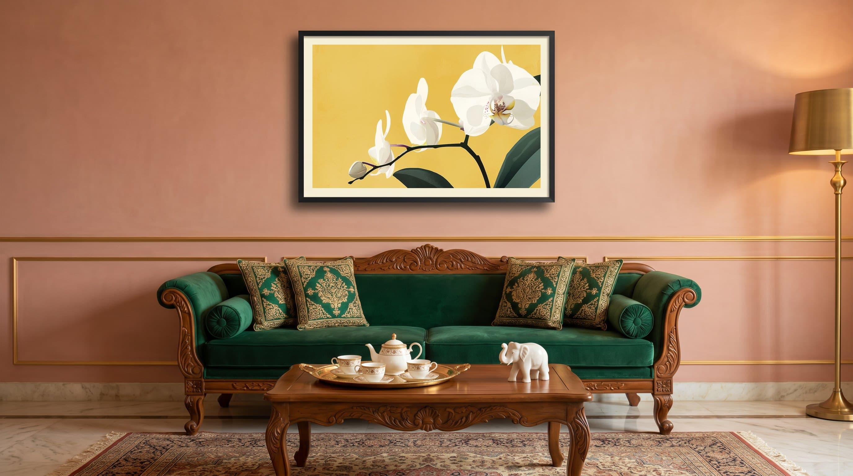 White Orchid Branch Golden Yellow Background — in situ