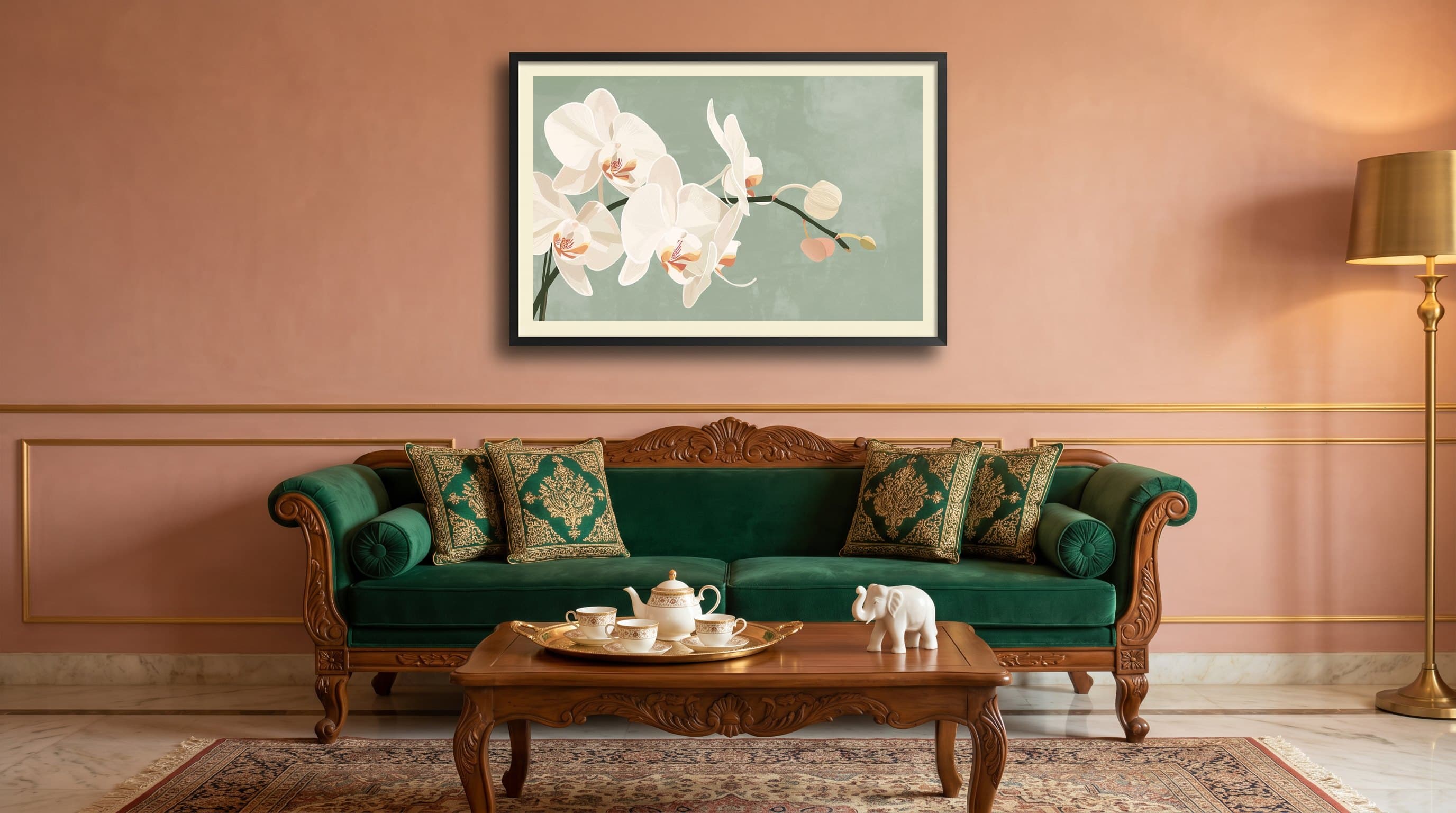White Phalaenopsis Orchid Branch Sage Background — in situ