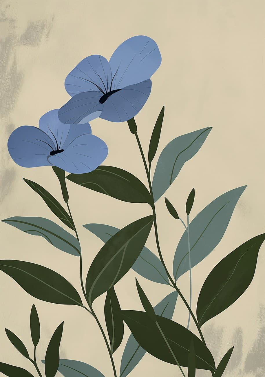 Blue Periwinkle Flowers Beige Botanical