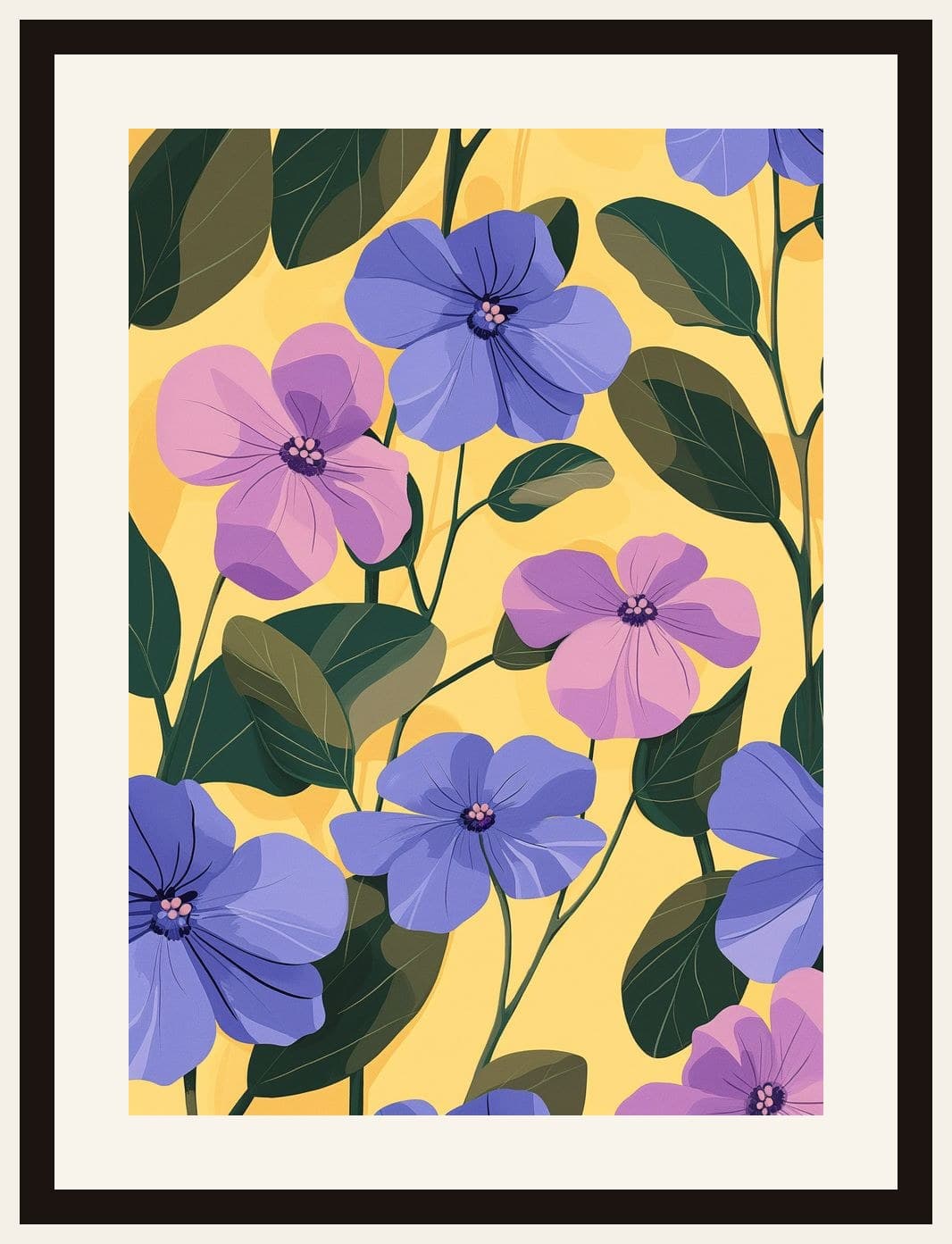 Purple Blue Flowers Yellow Background
