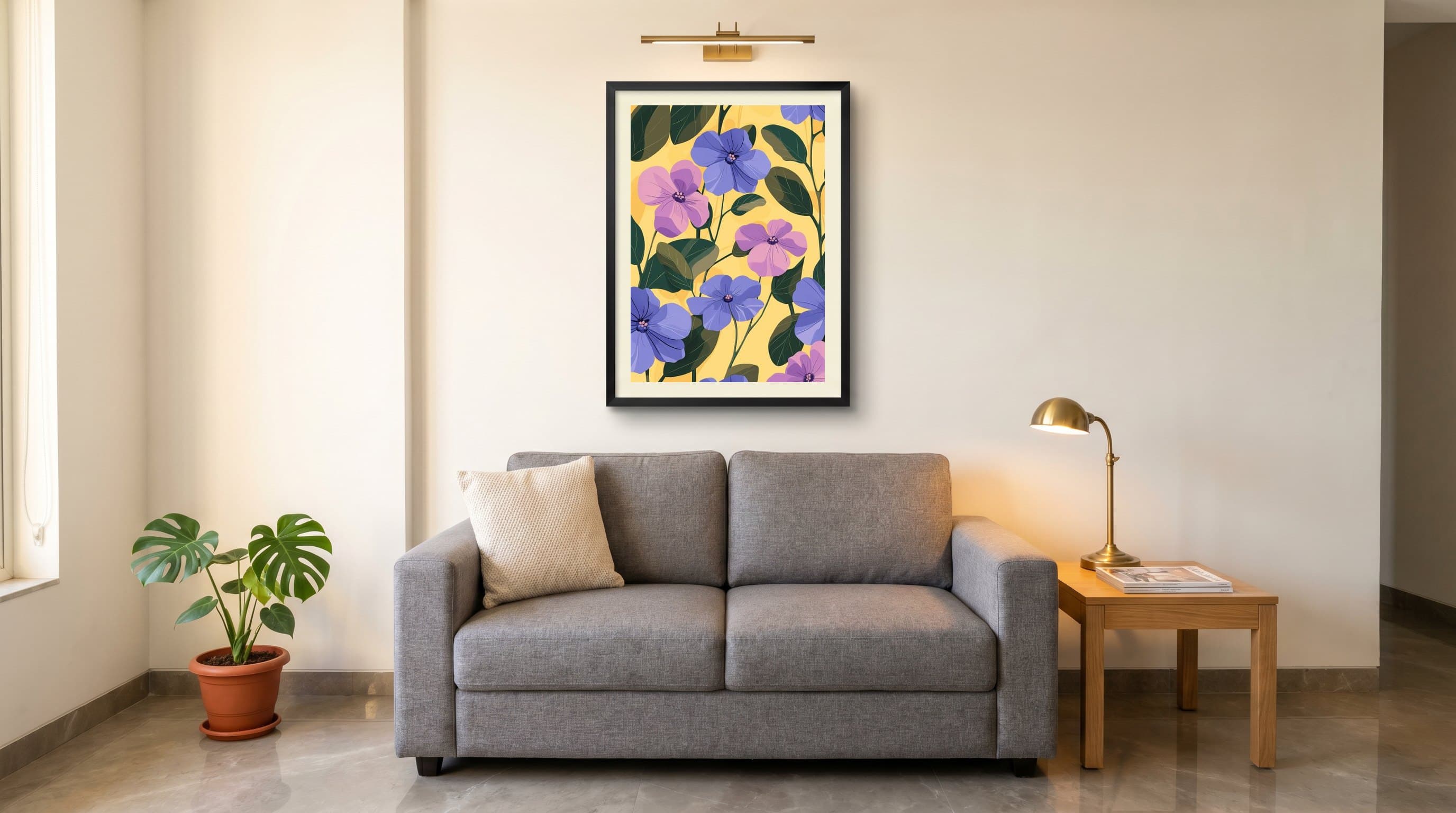 Purple Blue Flowers Yellow Background — in situ