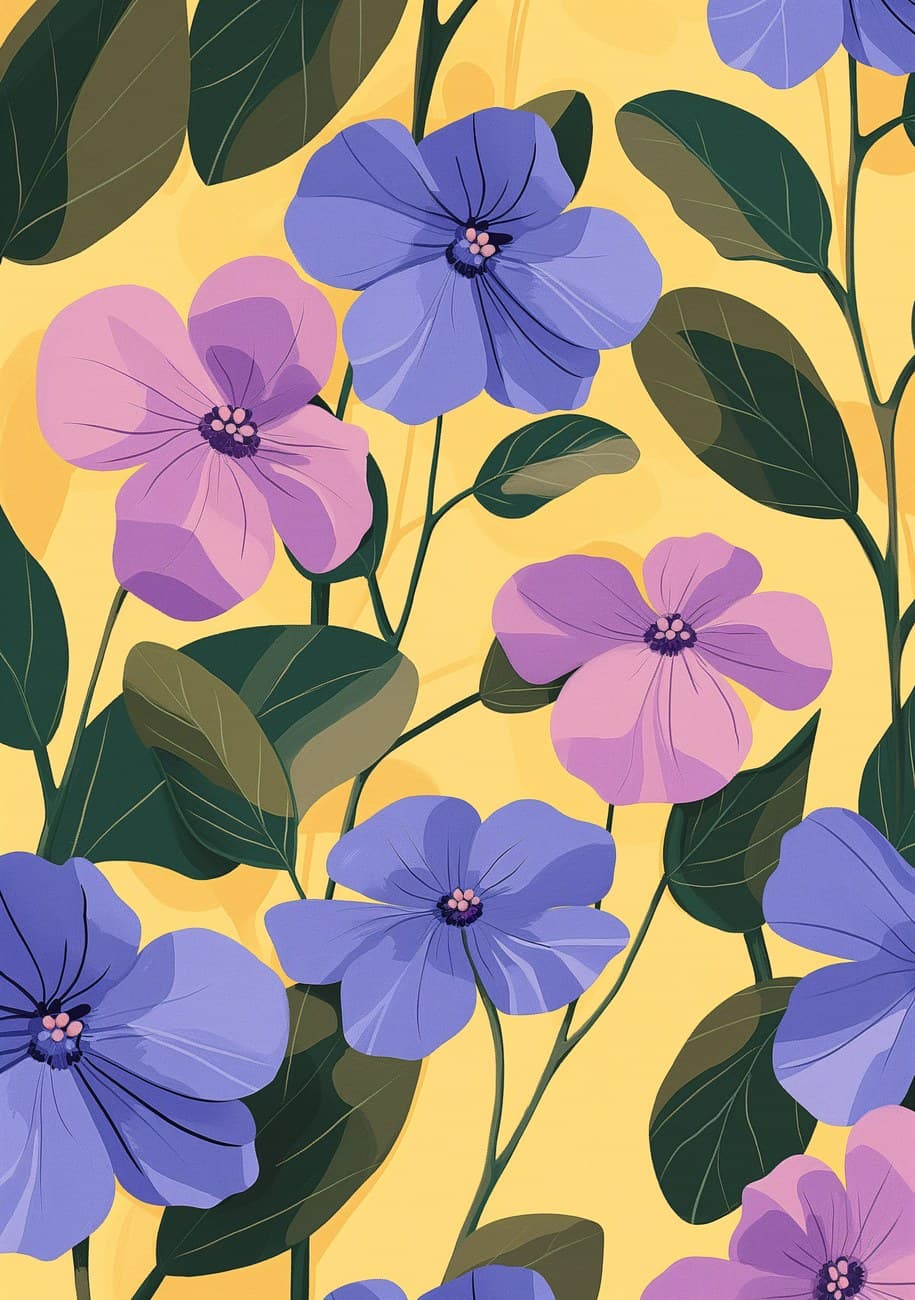 Purple Blue Flowers Yellow Background