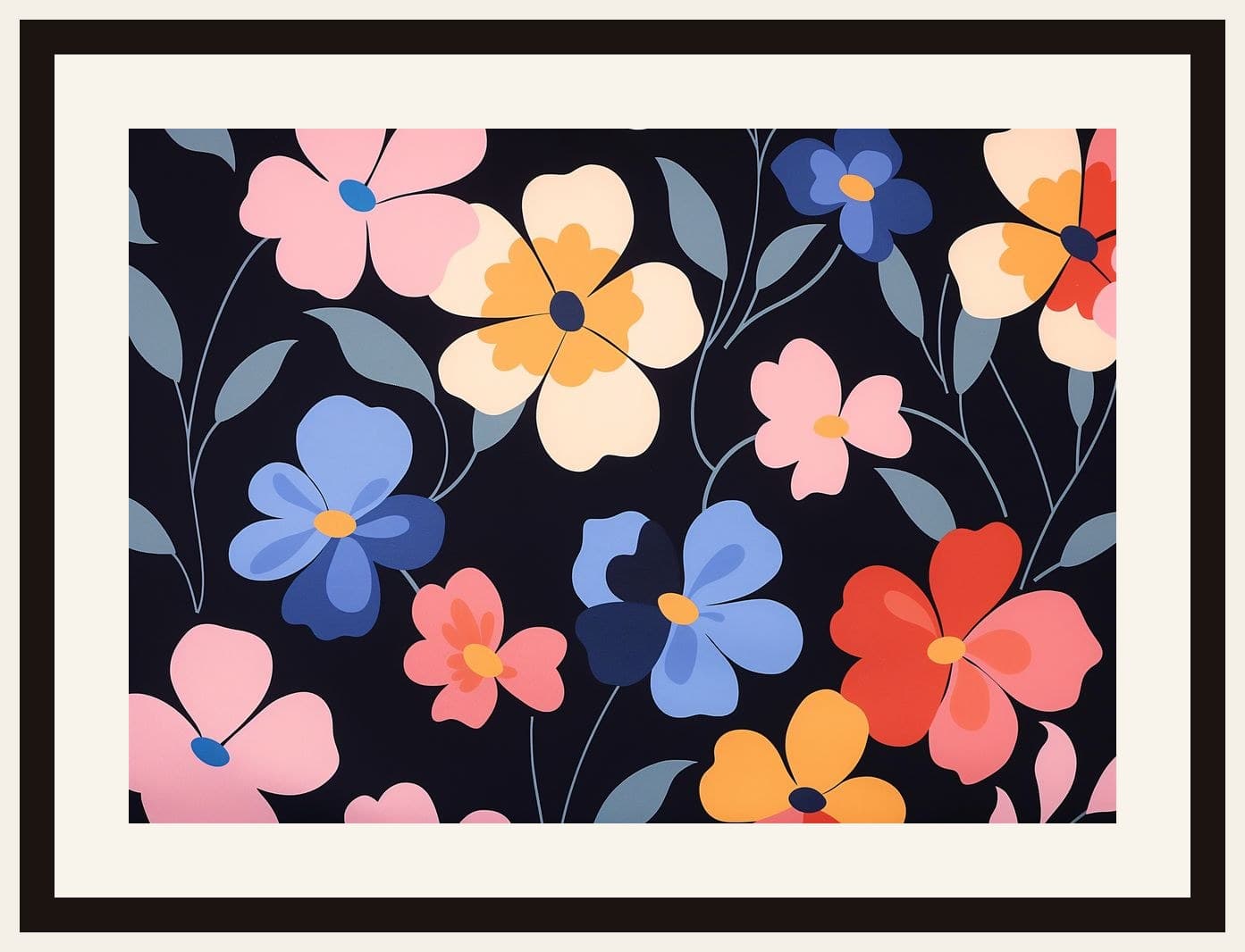 Colourful Flat Flowers On Dark Background