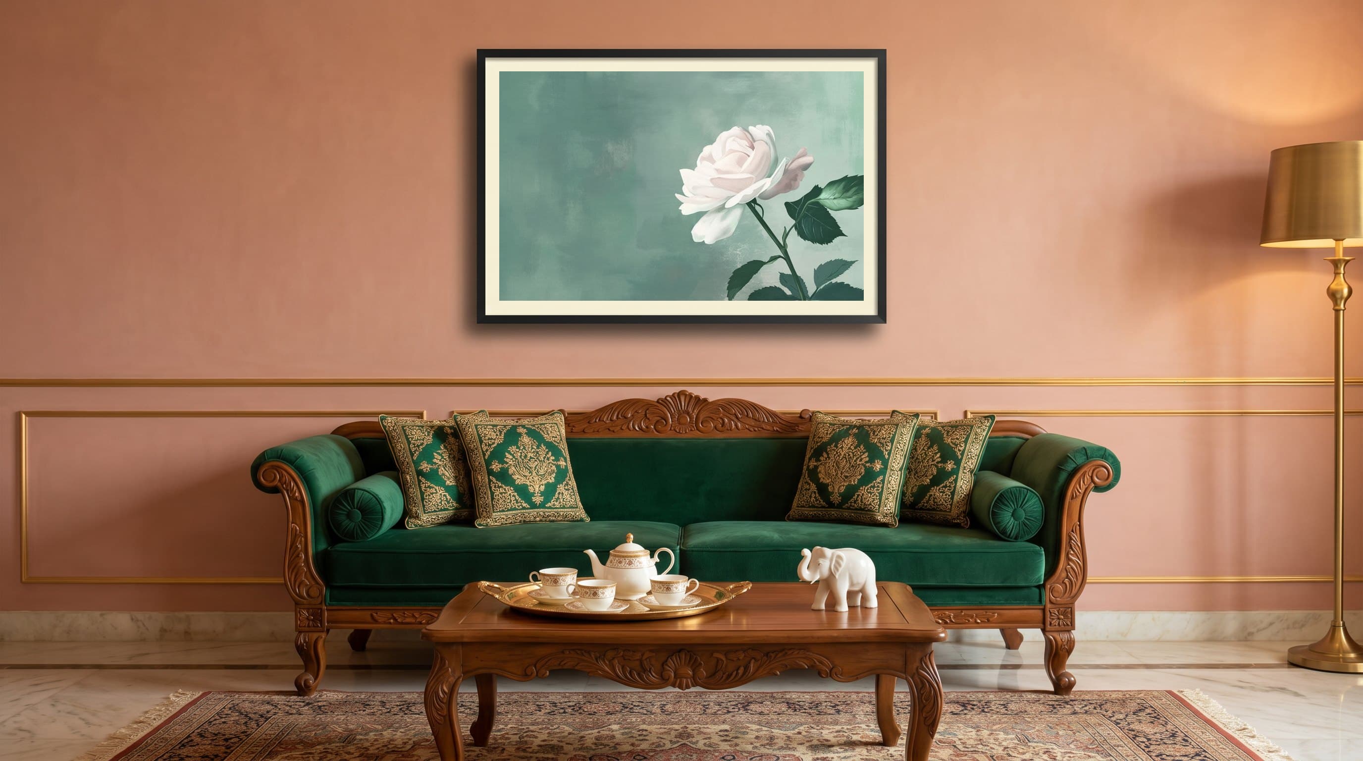 Single White Rose Sage Green Background — in situ