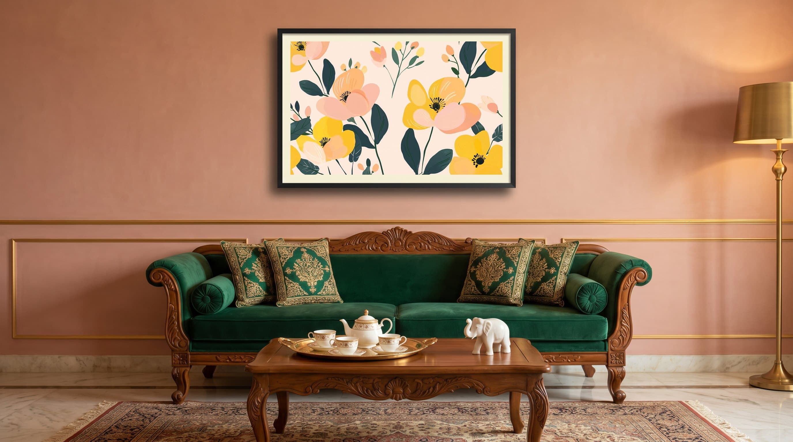 Yellow Pink Poppies Flat Illustration Pattern — in situ