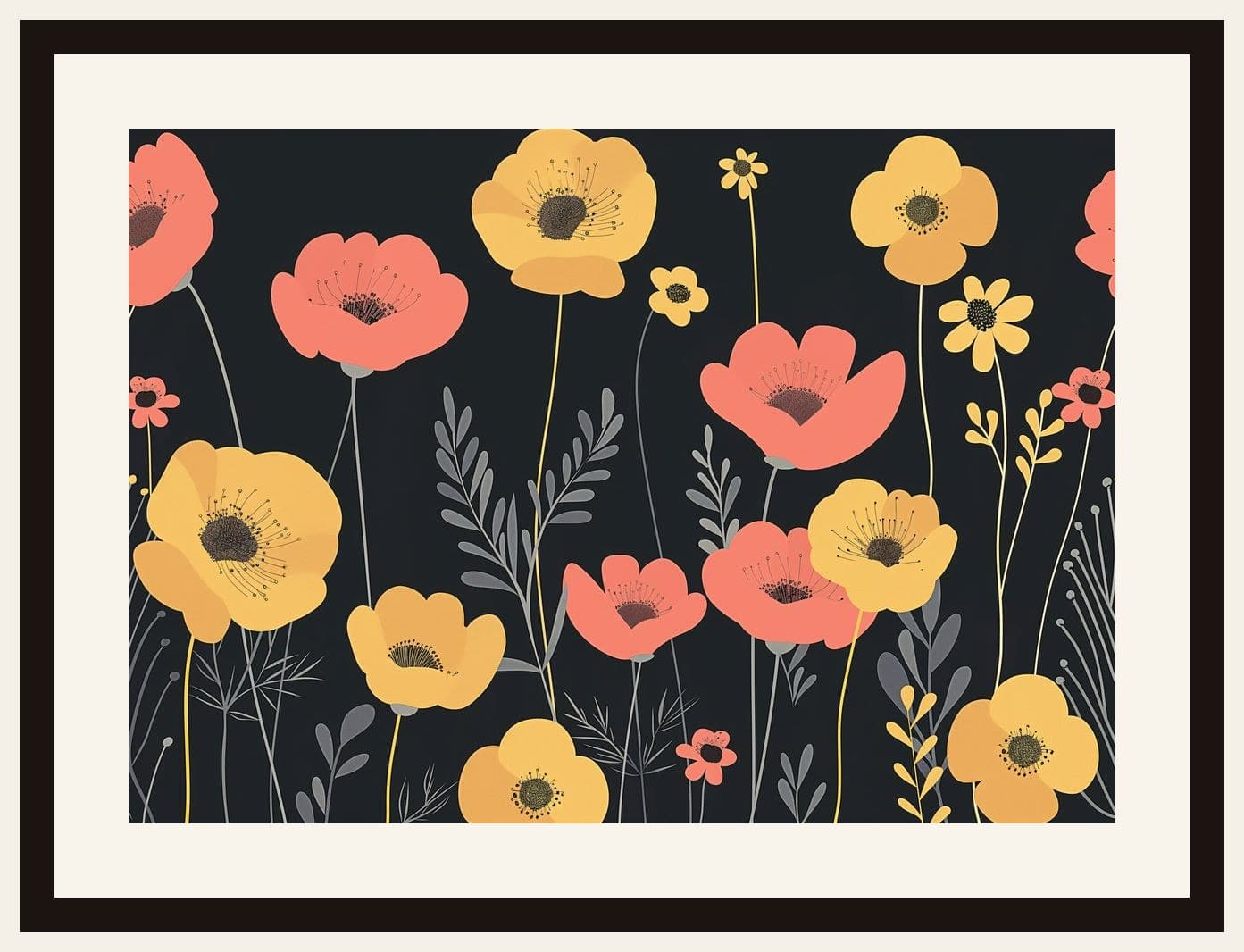 Coral Yellow Poppies Dark Background