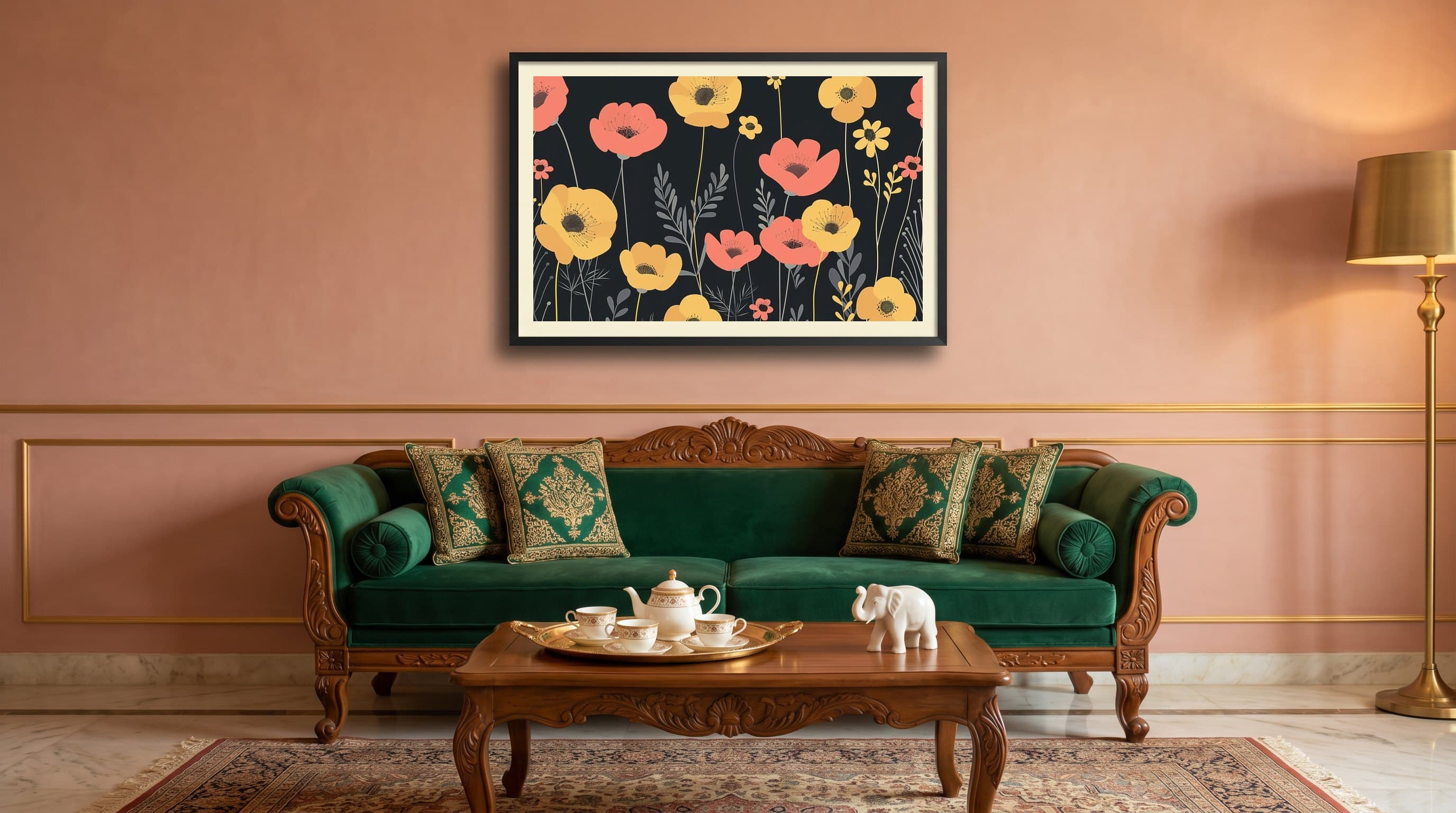 Coral Yellow Poppies Dark Background — in situ