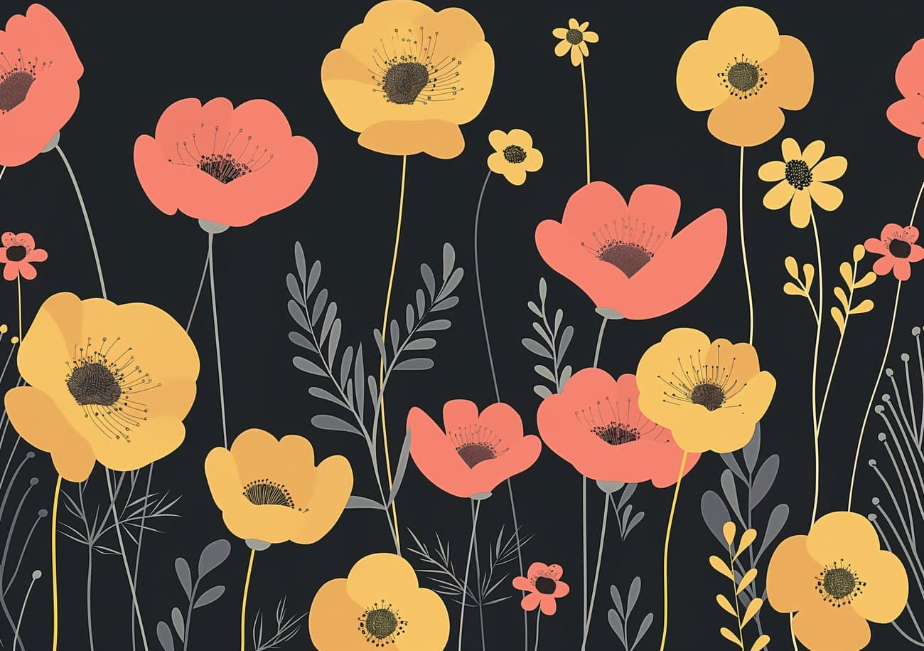 Coral Yellow Poppies Dark Background