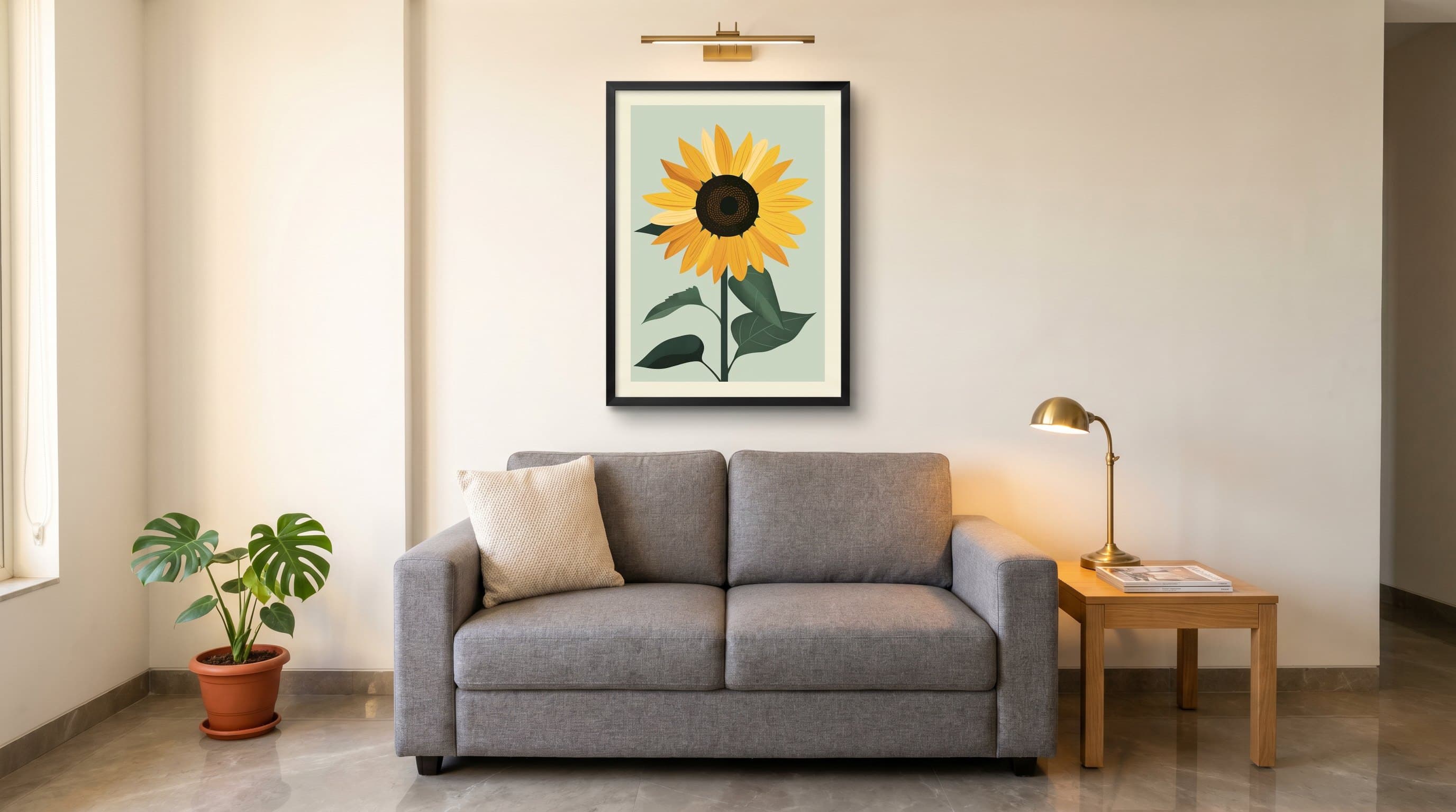 Single Sunflower Stem Illustration — in situ