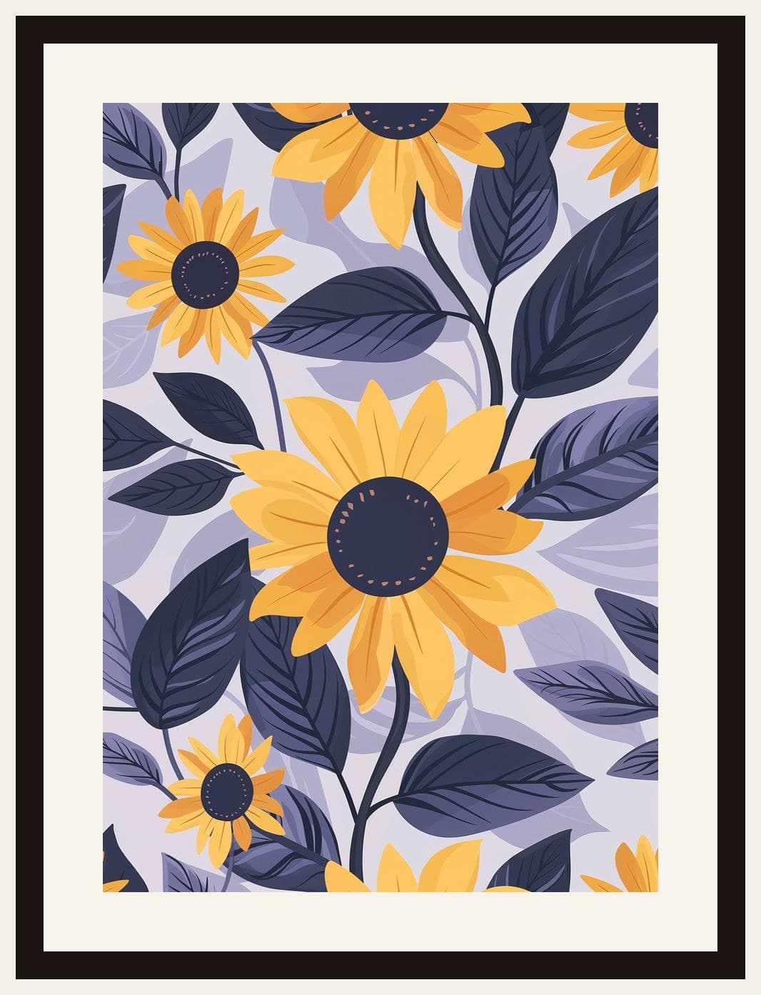Yellow Sunflowers Navy Leaves Pattern