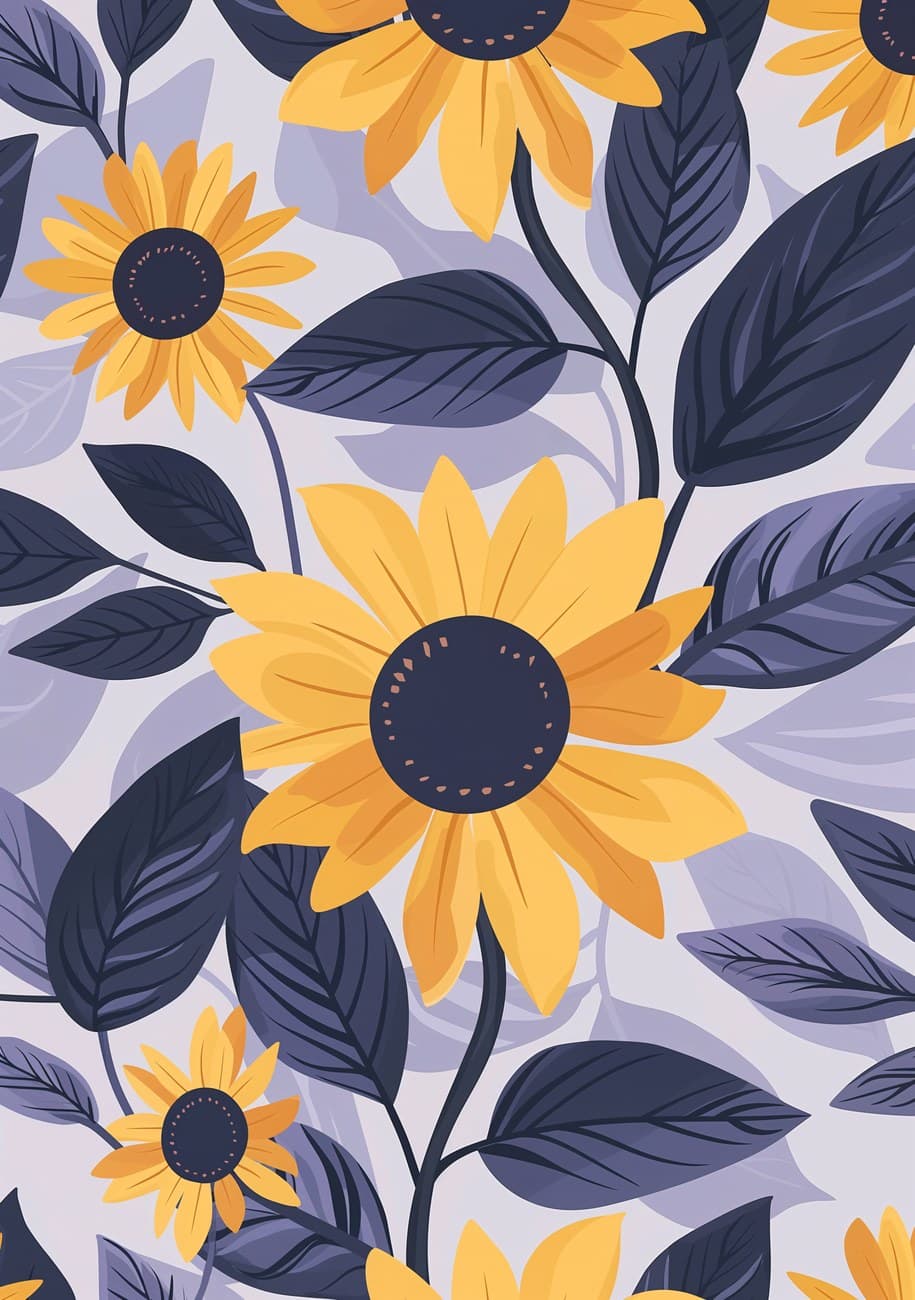 Yellow Sunflowers Navy Leaves Pattern