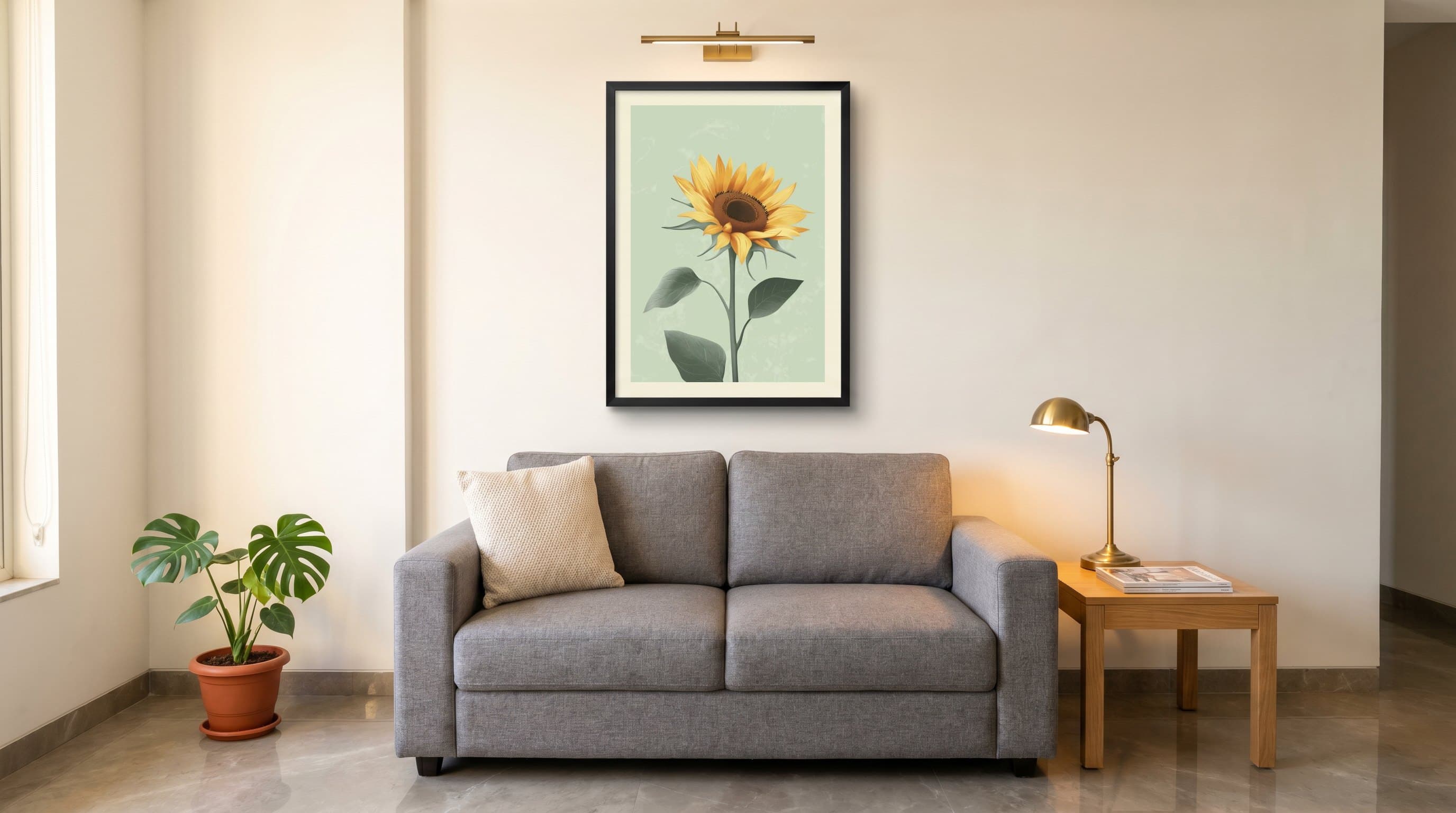 Single Sunflower Mint Green Background — in situ