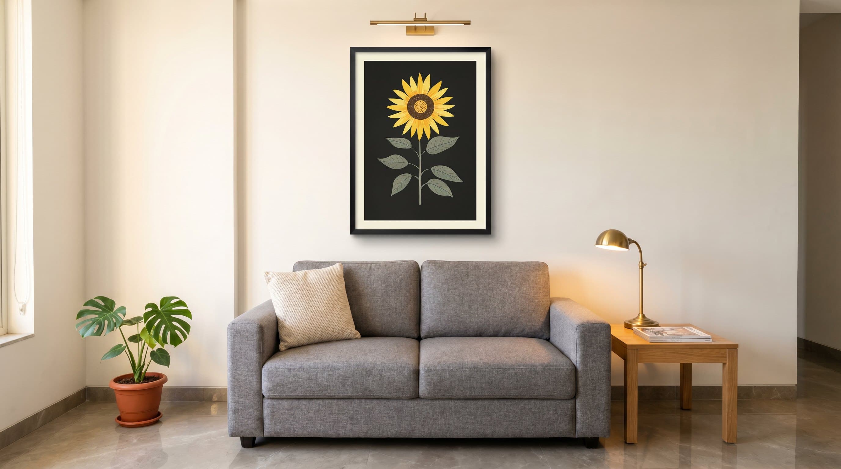 Single Sunflower Stem Dark Background — in situ