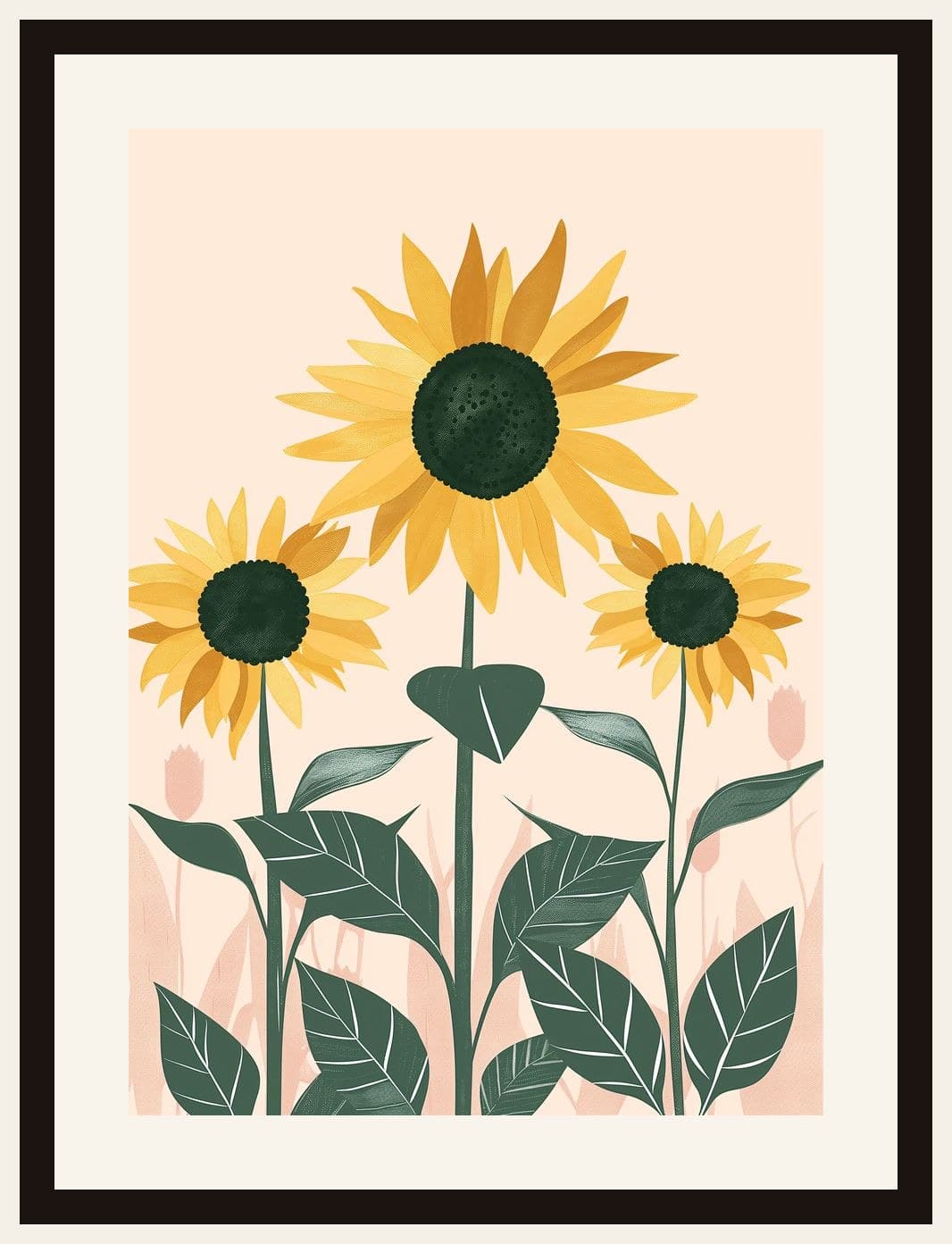 Three Sunflowers Peach Botanical Illustration