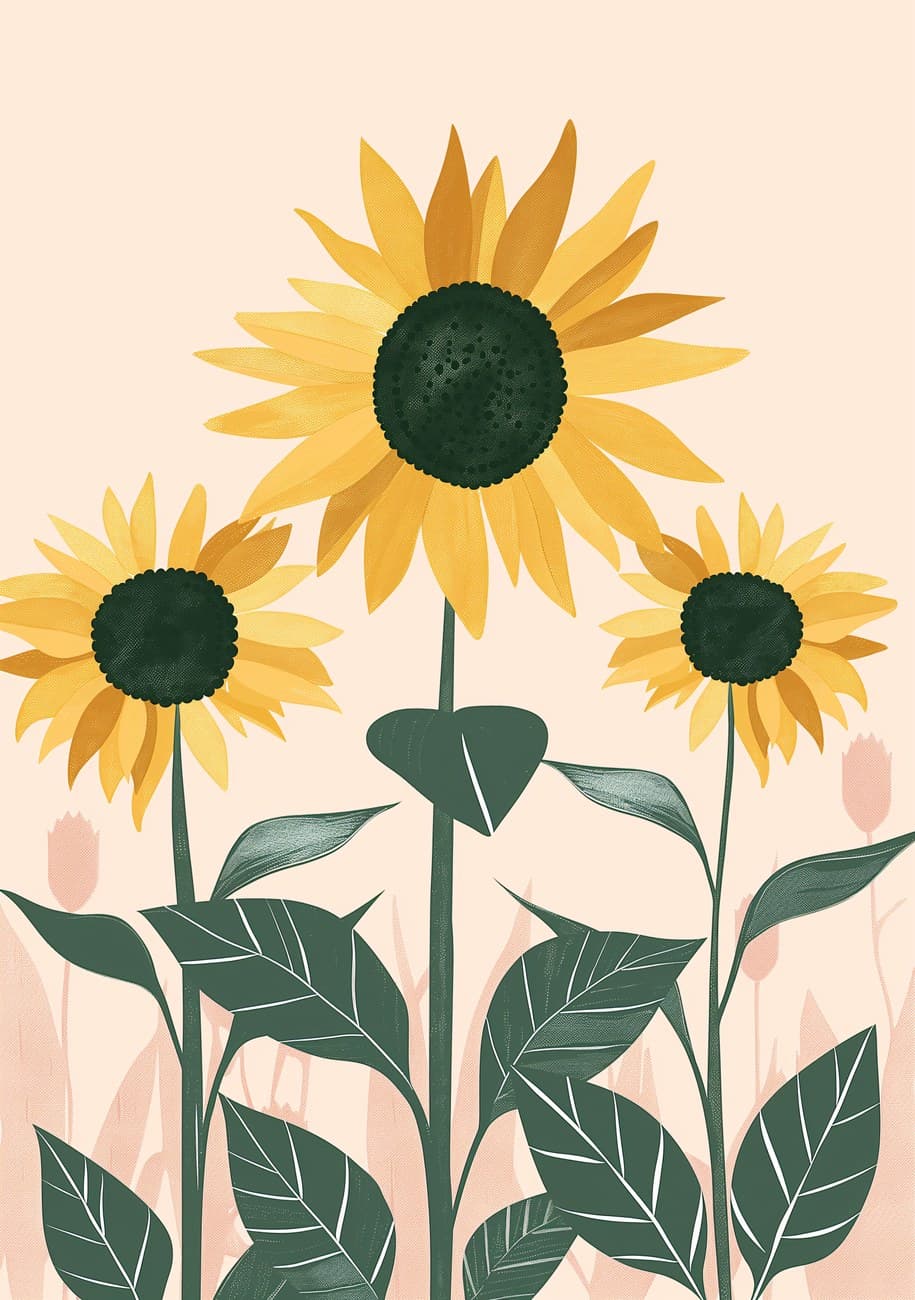 Three Sunflowers Peach Botanical Illustration