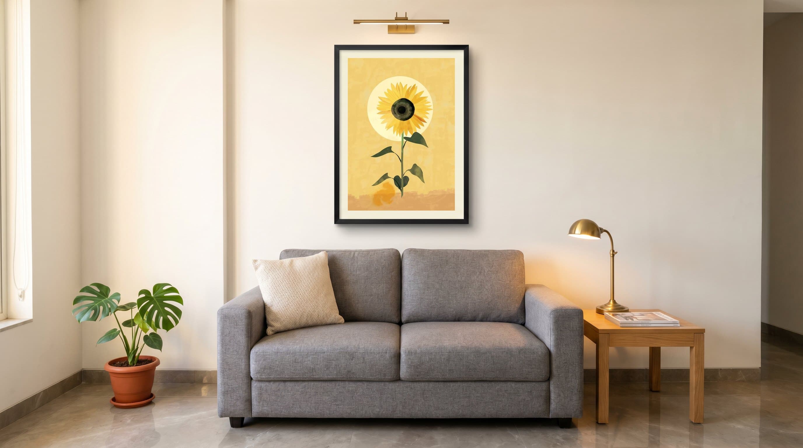Single Sunflower Golden Minimal Illustration — in situ