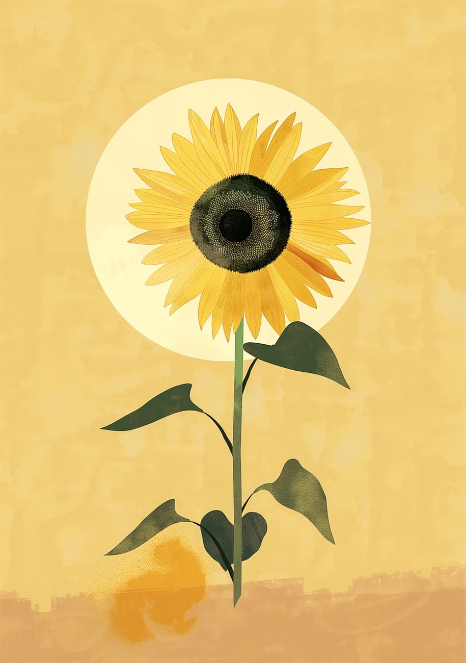 Single Sunflower Golden Minimal Illustration
