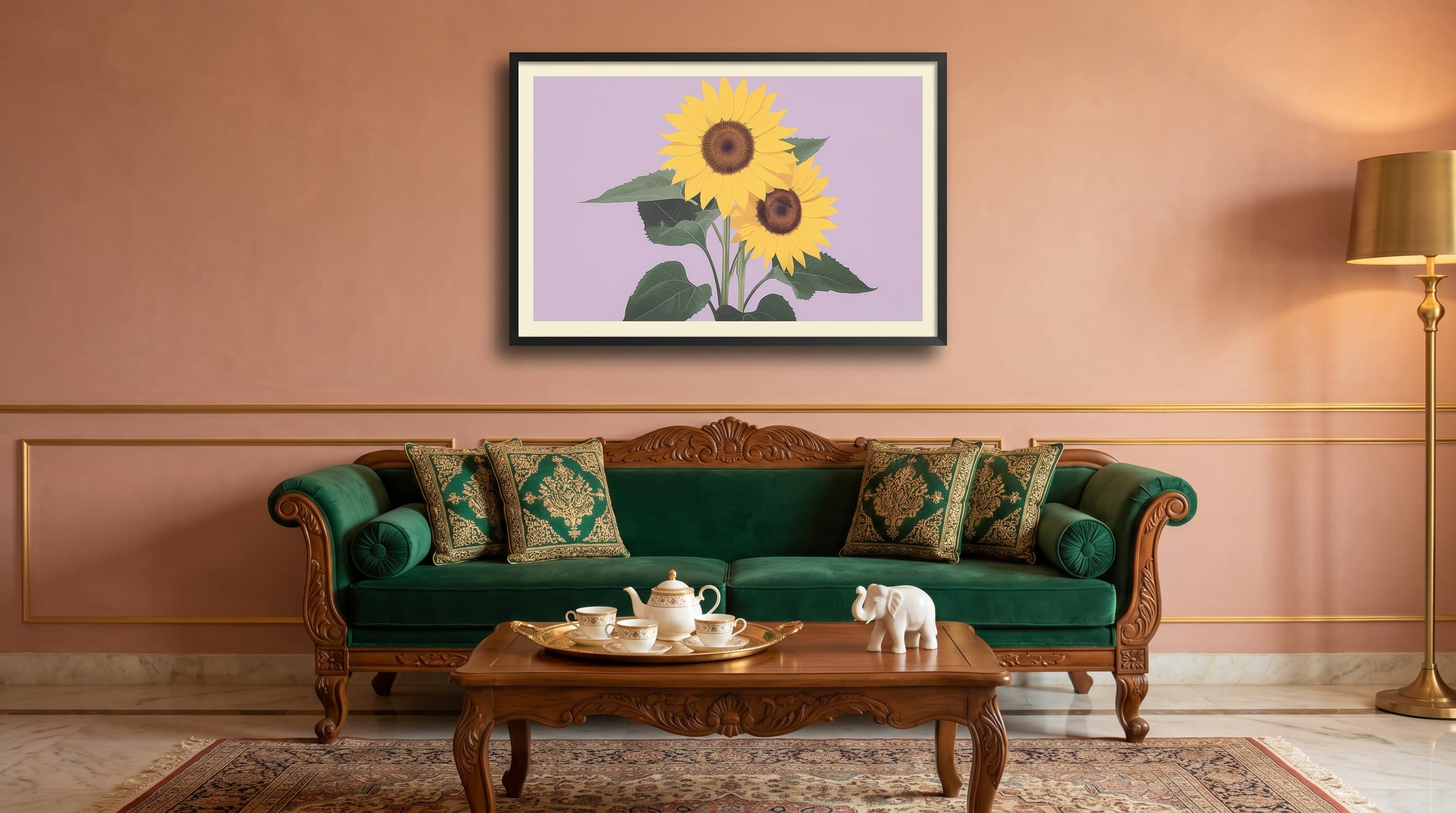 Two Sunflowers Lavender Background Minimal — in situ