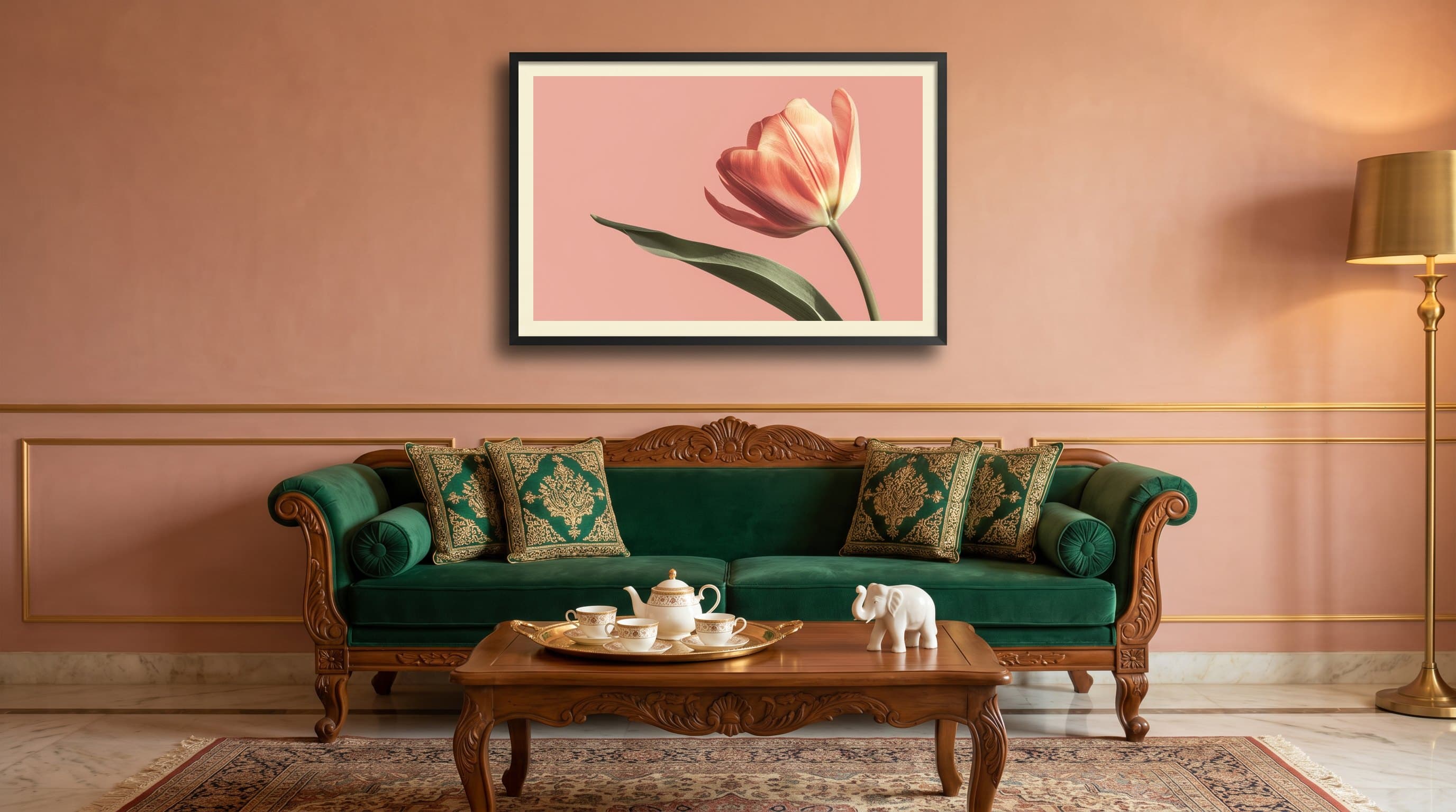 Single Peach Tulip Pink Background — in situ