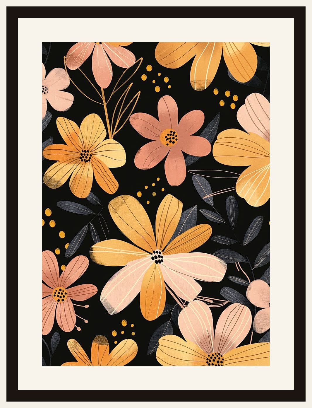 Golden Flowers Dark Botanical Pattern