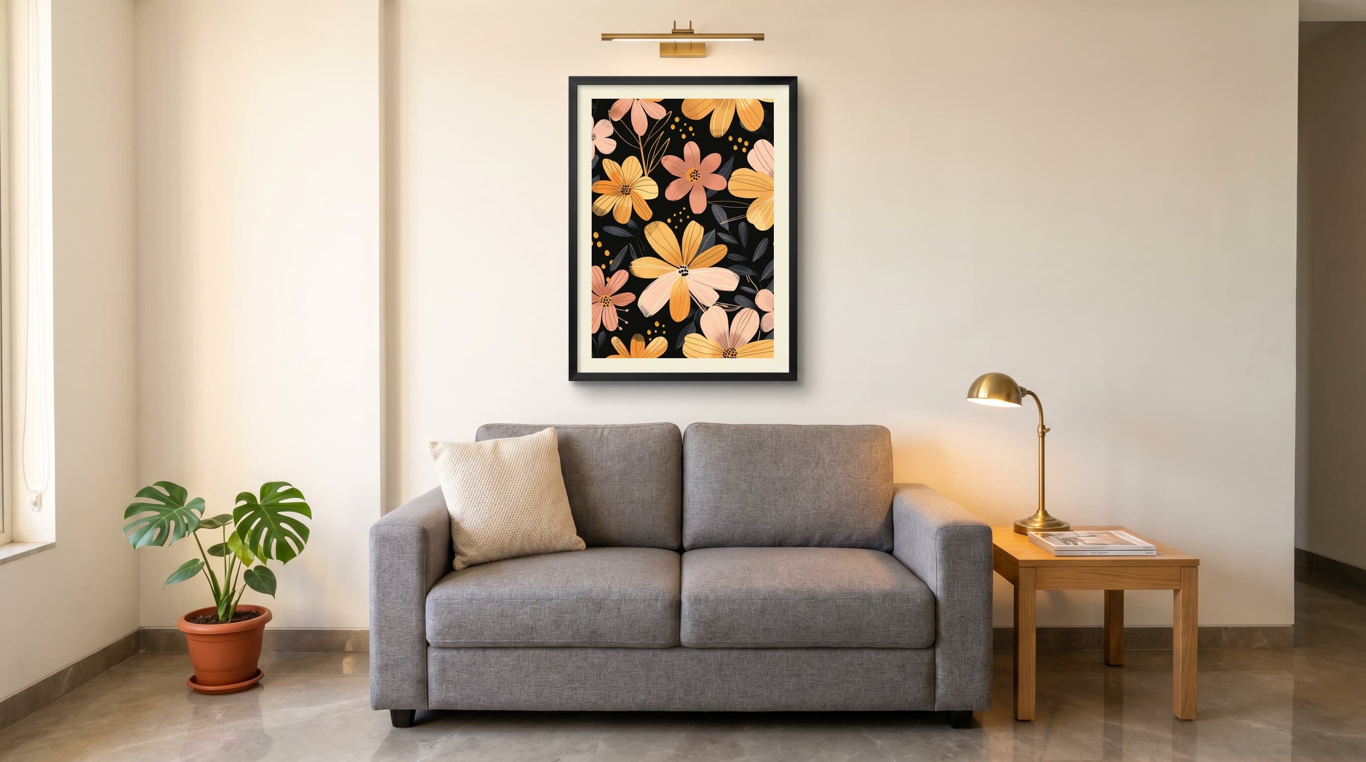 Golden Flowers Dark Botanical Pattern — in situ