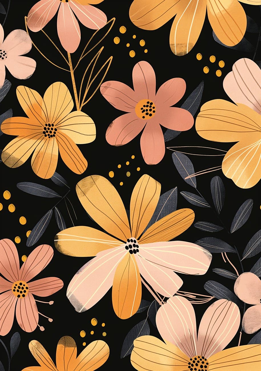 Golden Flowers Dark Botanical Pattern