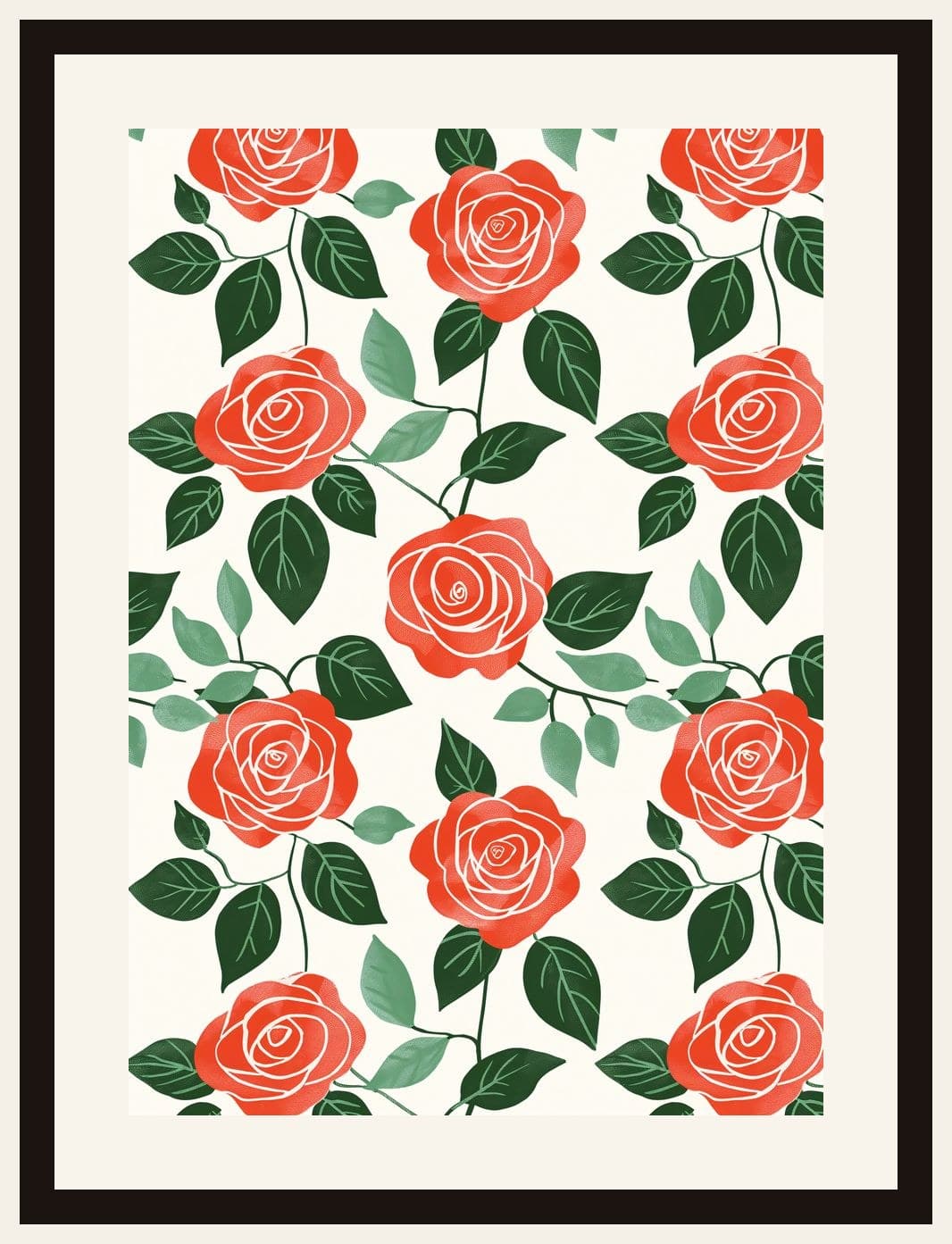 Red Roses Green Leaves Repeat Pattern