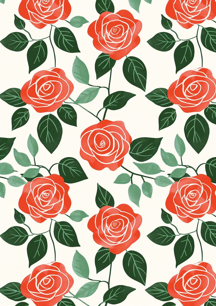 Red Roses Green Leaves Repeat Pattern
