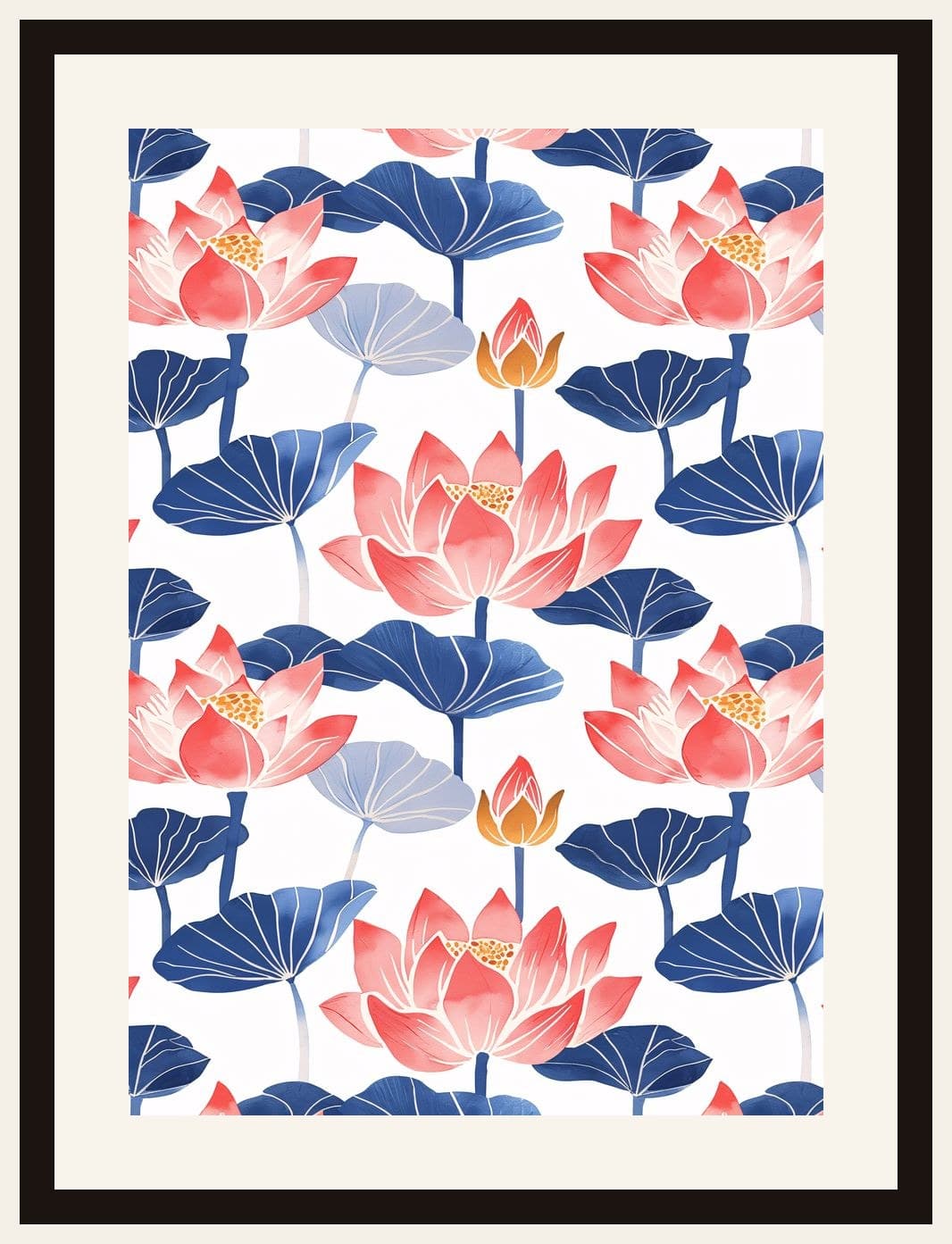Watercolour Lotus Flowers Pink Blue Pattern