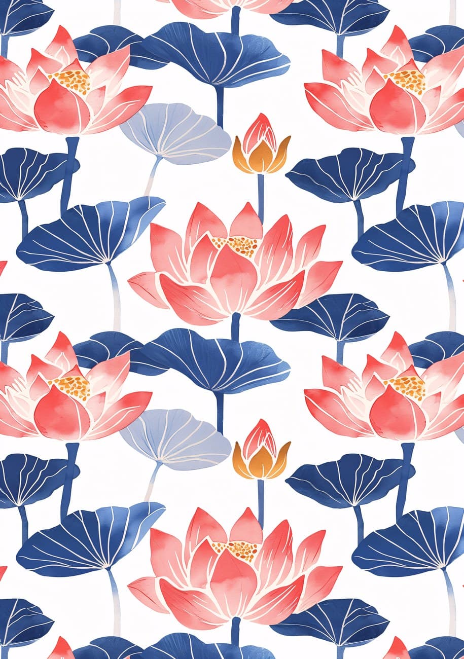 Watercolour Lotus Flowers Pink Blue Pattern