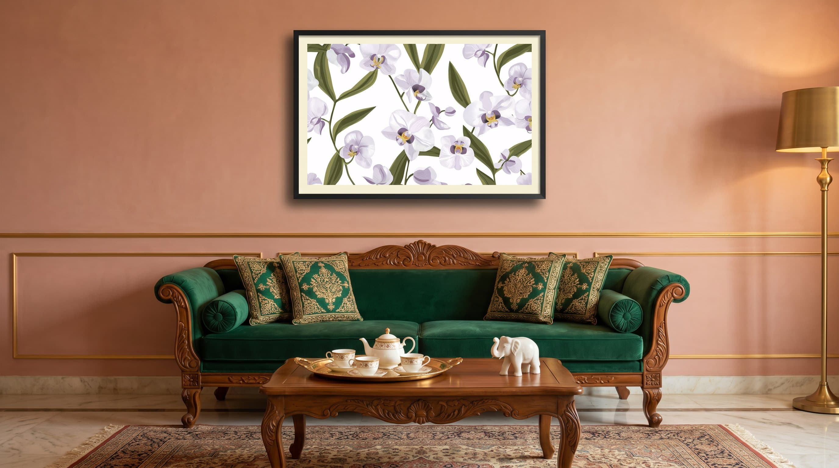 Purple White Orchid Scattered Repeat Pattern — in situ