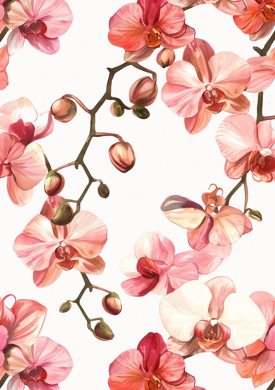 Pink Orchid Branches Blooming Pattern