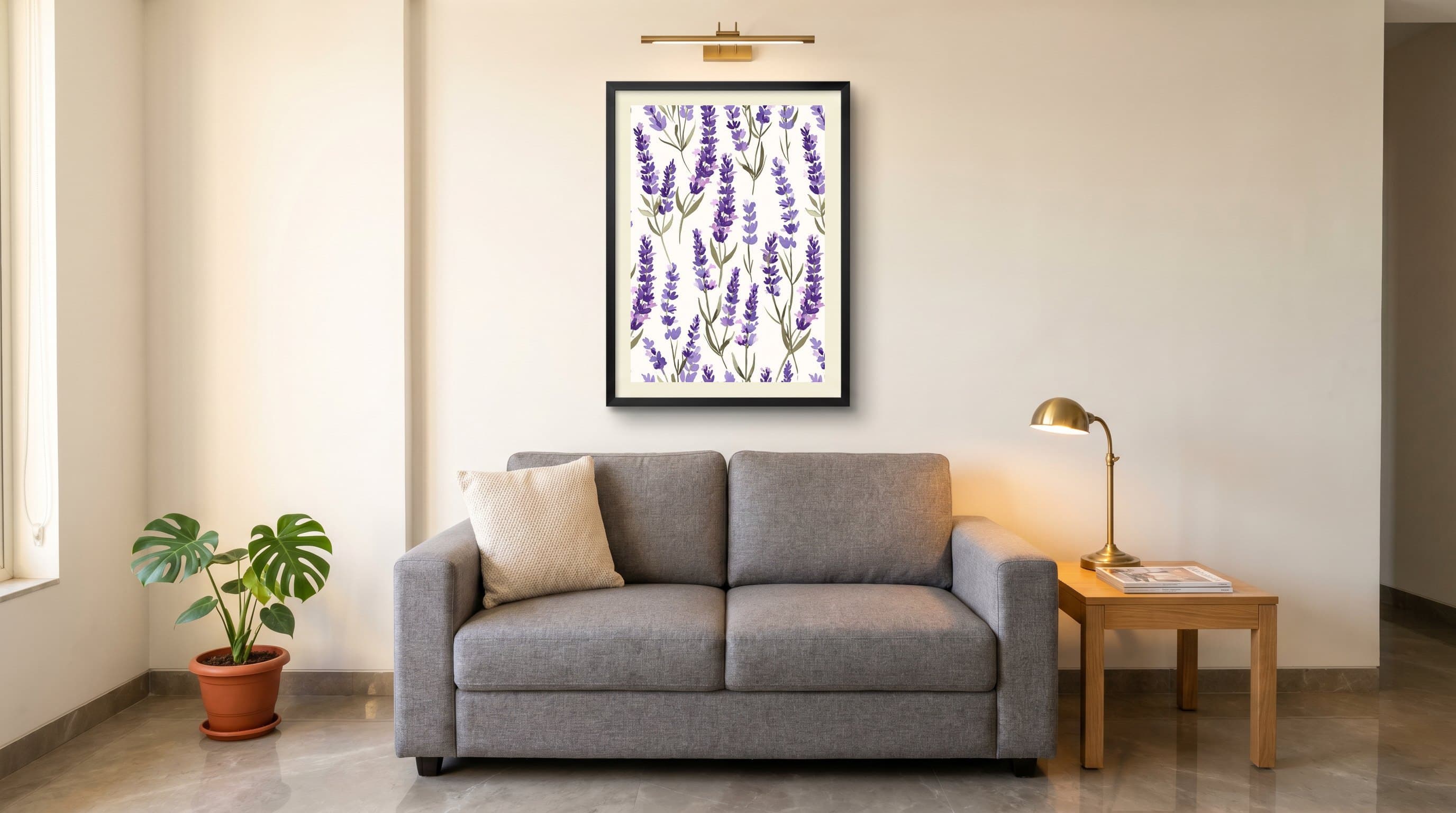Watercolour Lavender Stems Cream Background — in situ